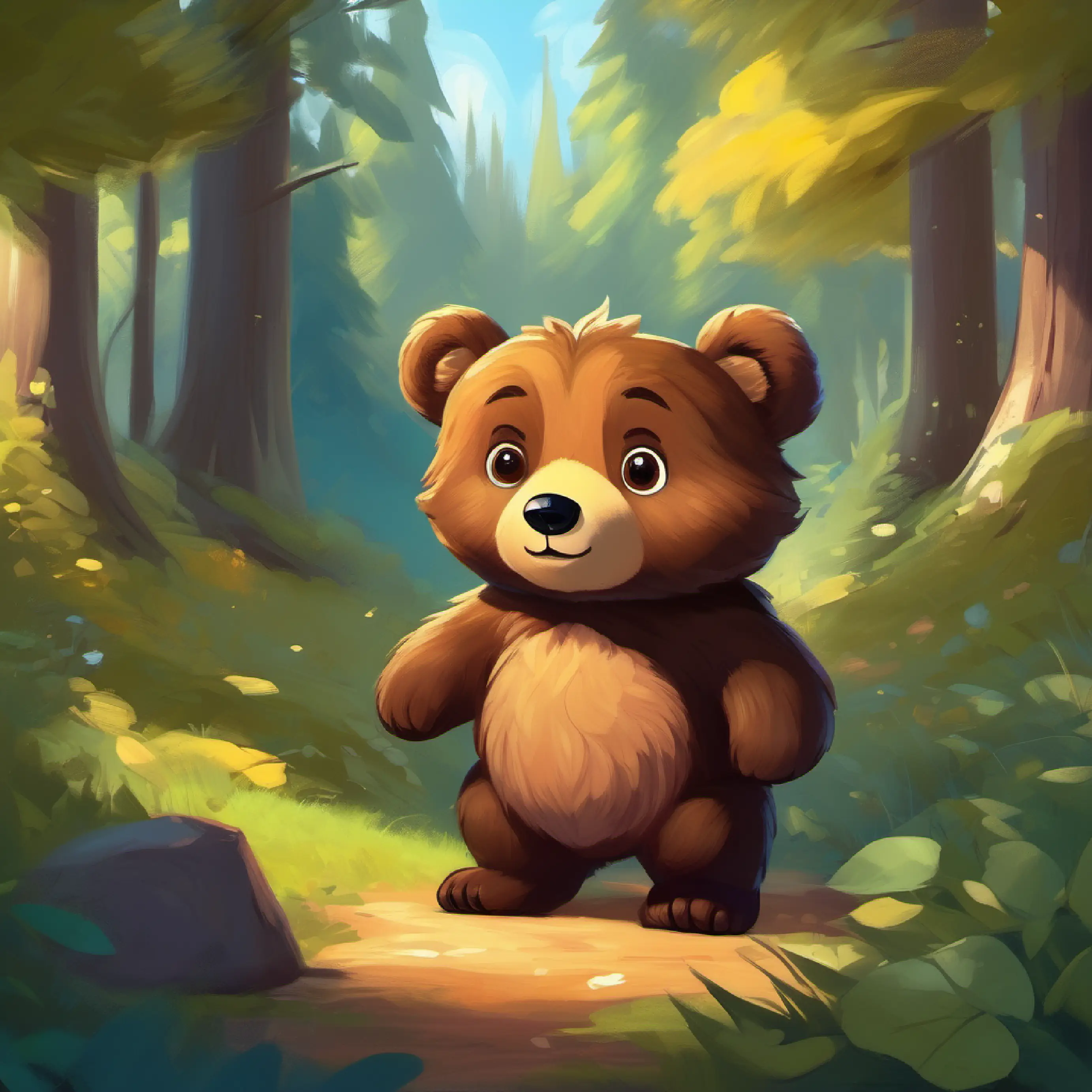 Introducing A small bear with fluffy brown fur and bright, curious eyes, the little bear, in his home forest.