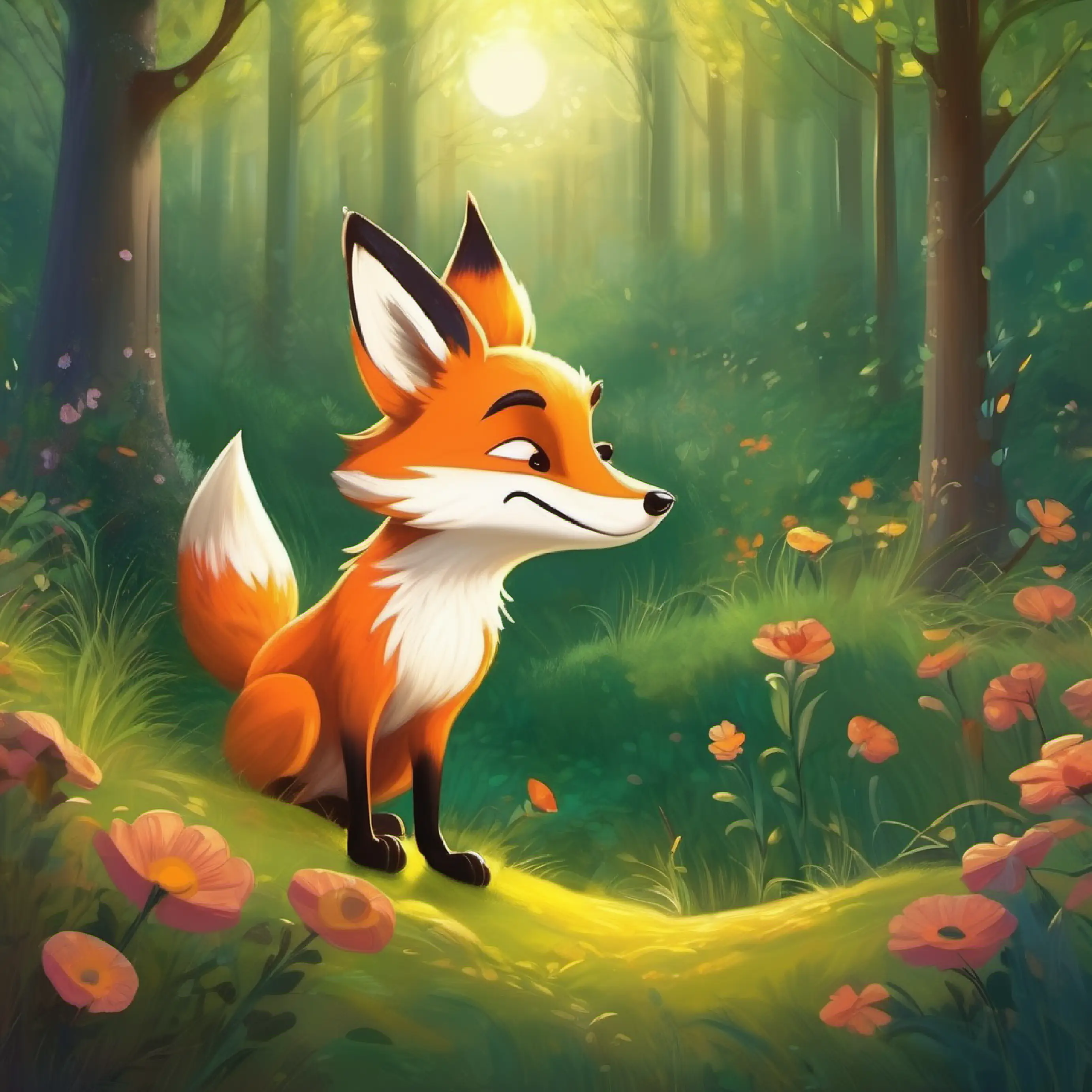 Landing in a clearing, meeting A shy fox with a bushy tail, who loves music the musical fox.
