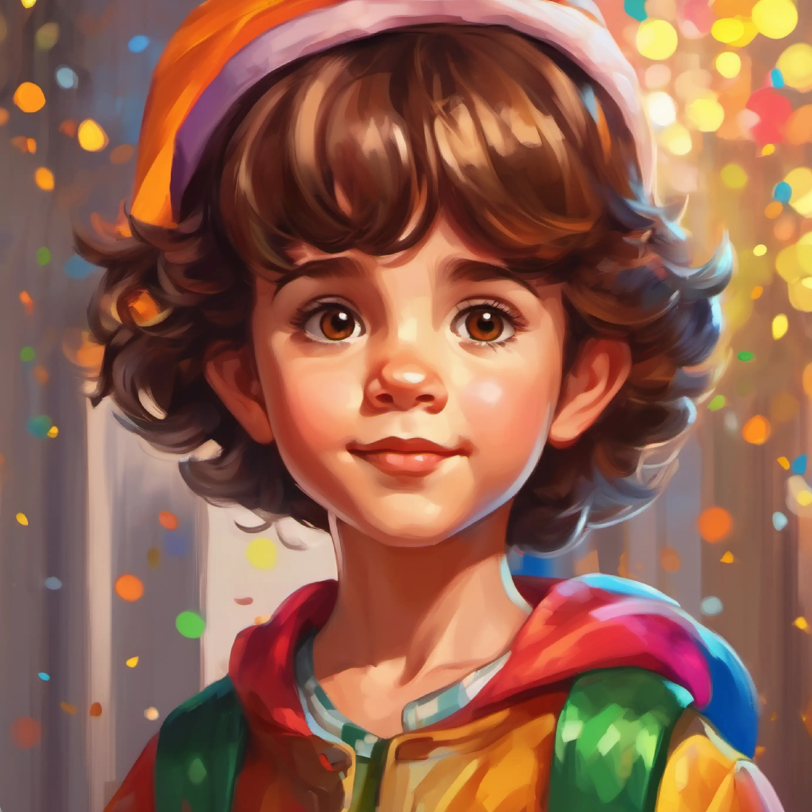 Curious child, wears colorful clothing, short brown hair, kind brown eyes is inspired by the LGBTQ+ activism.