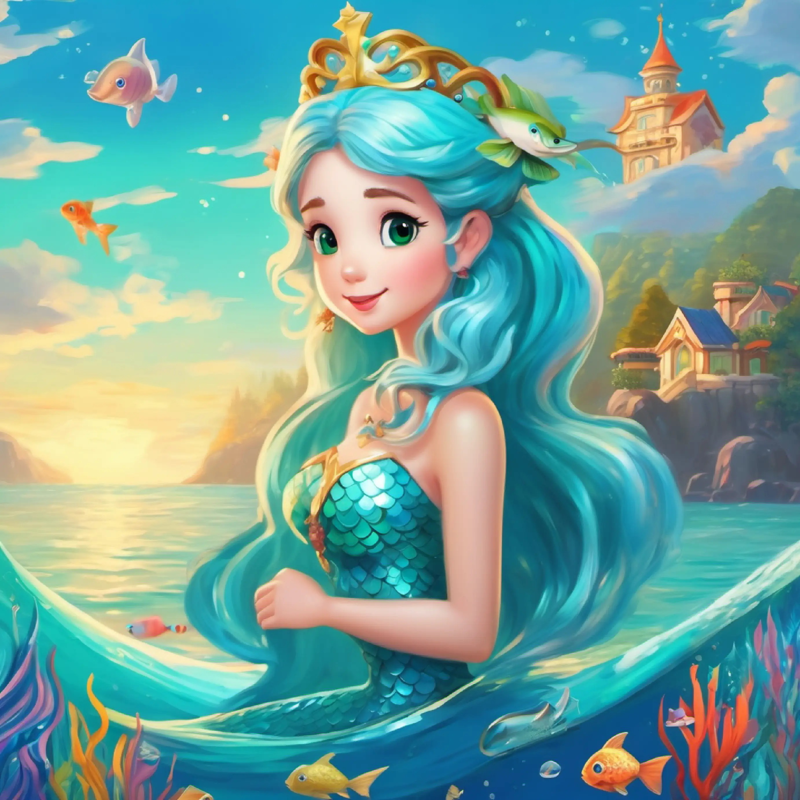 Introducing Mermaid princess with sky-blue tail and long aqua hair, a mermaid princess, in the Ocean Kingdom.