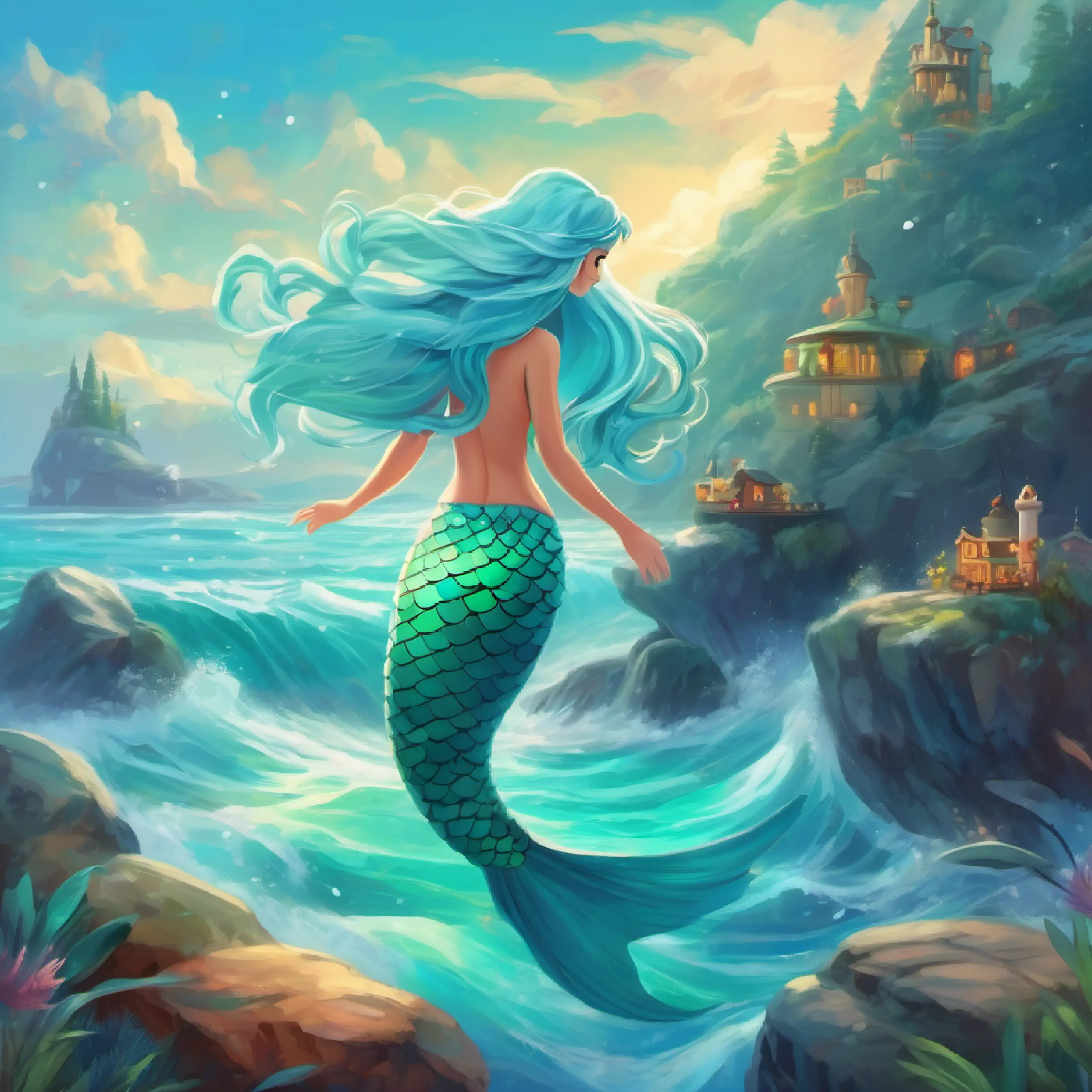 Mermaid princess with sky-blue tail and long aqua hair is adventurous and curious about the land above sea.