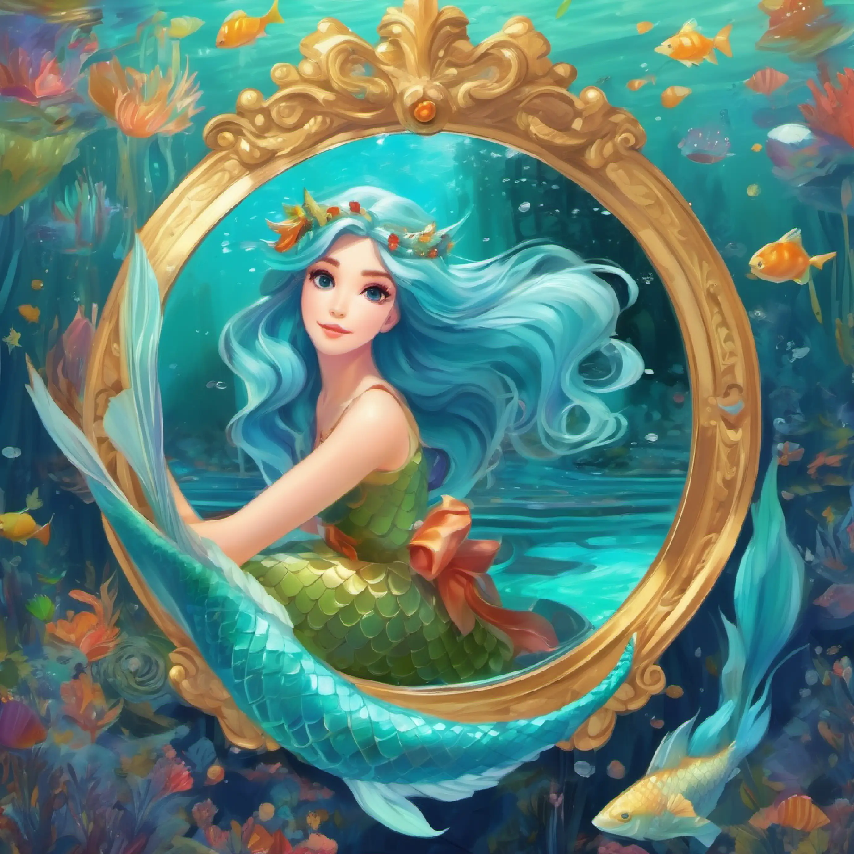 The mirror brings happiness, Mermaid princess with sky-blue tail and long aqua hair plans more adventures.