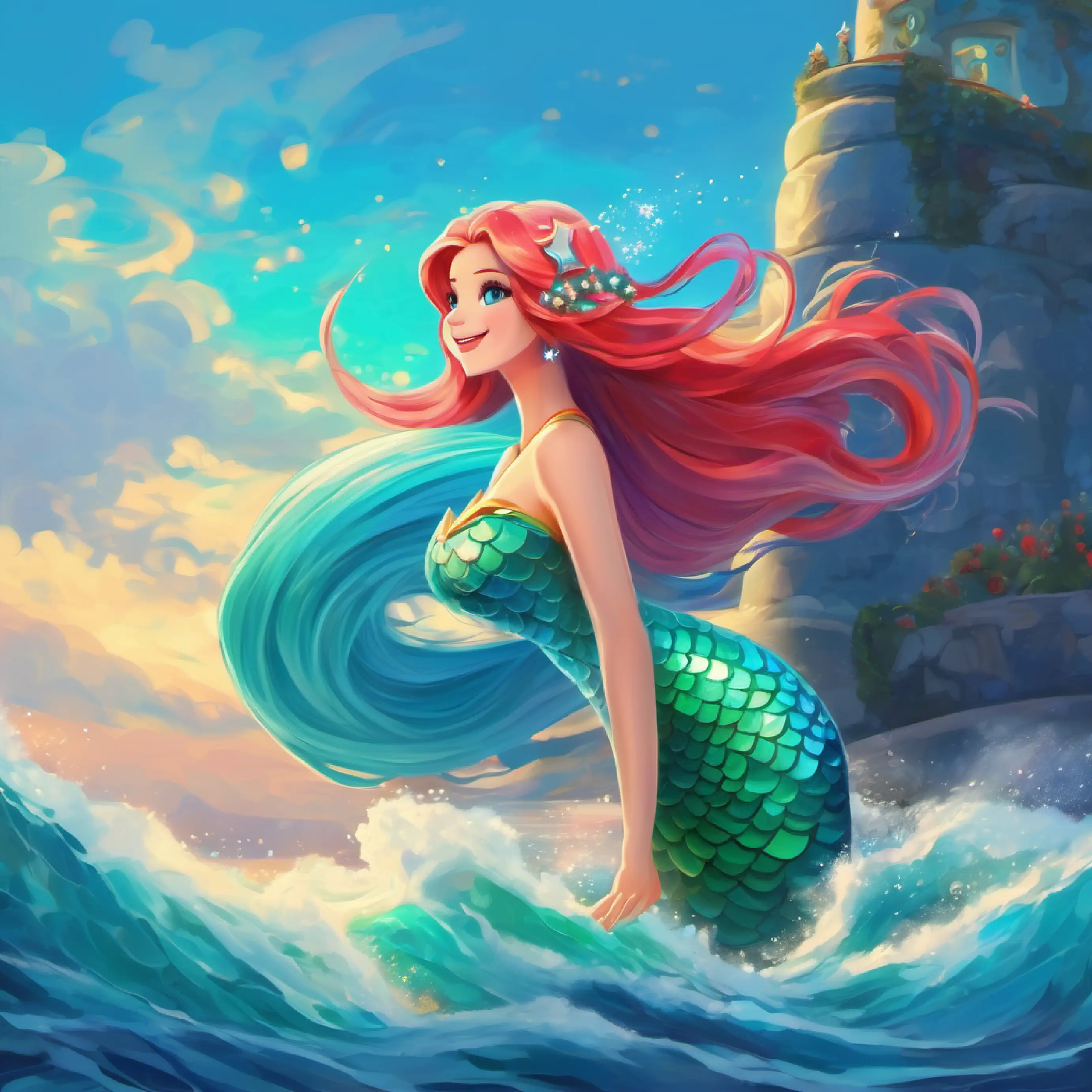 Mermaid princess with sky-blue tail and long aqua hair heads upward for a new adventure above the sea.