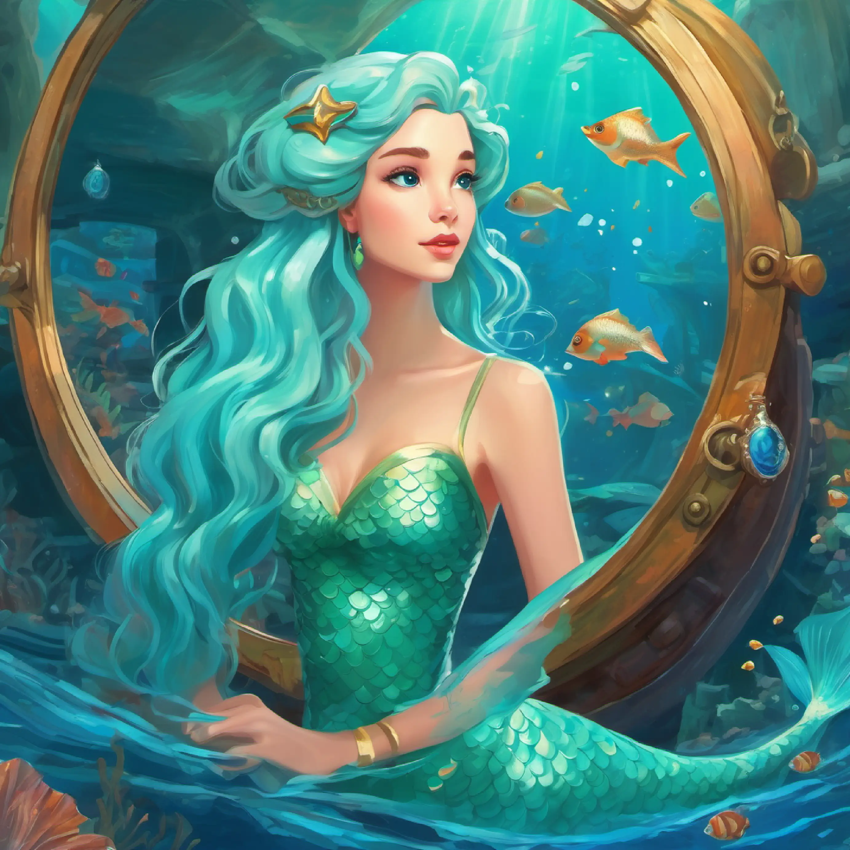Mermaid princess with sky-blue tail and long aqua hair discovers a mirror in an underwater shipwreck.