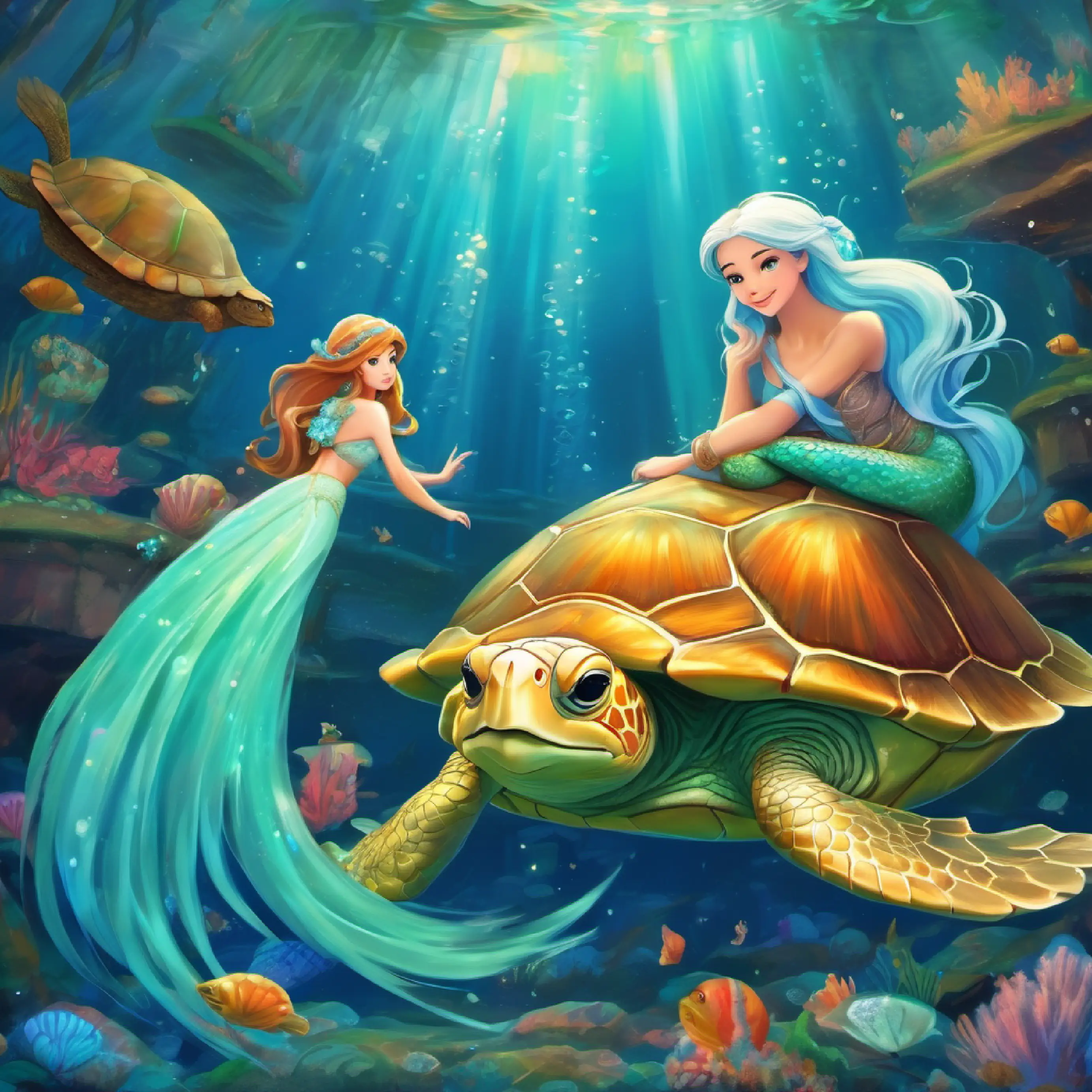 Mermaid princess with sky-blue tail and long aqua hair asks Old wise turtle with a leathery shell and gentle eyes about the mirror; Old wise turtle with a leathery shell and gentle eyes explains.