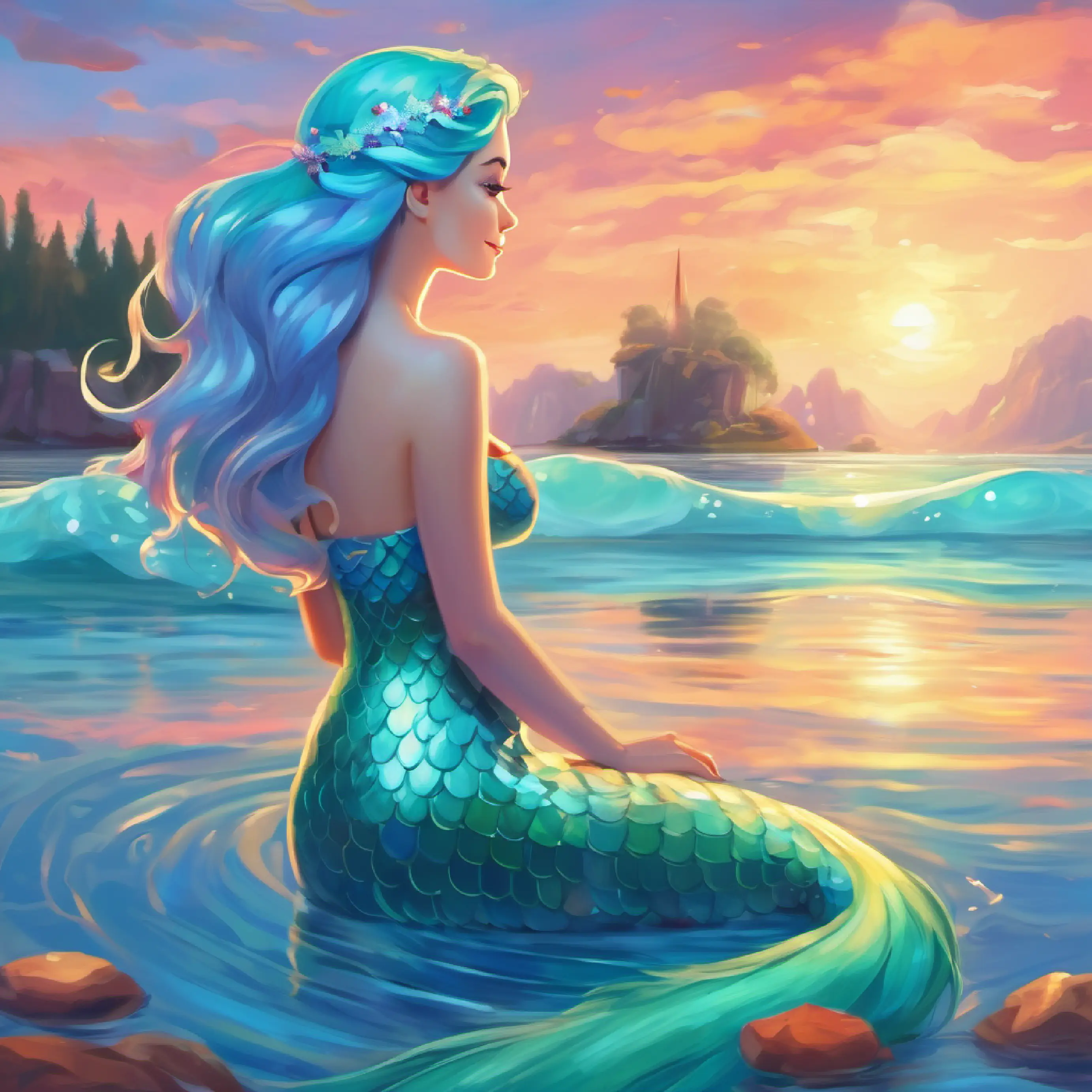 Mermaid princess with sky-blue tail and long aqua hair sees her reflection and wants to share her joy.