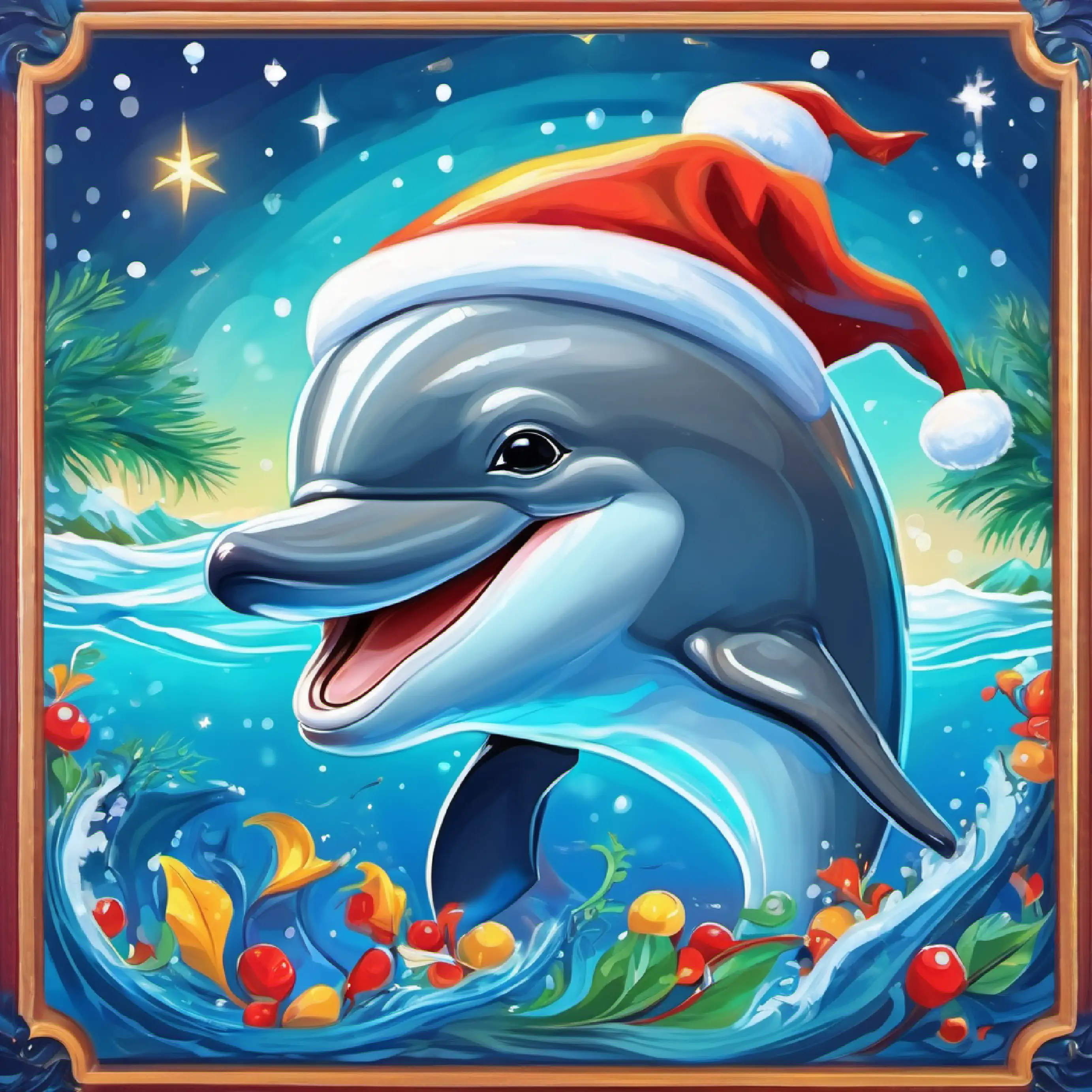 Playful dolphin, sleek skin, friendly dark eyes, the dolphin, sees himself and displays happiness.