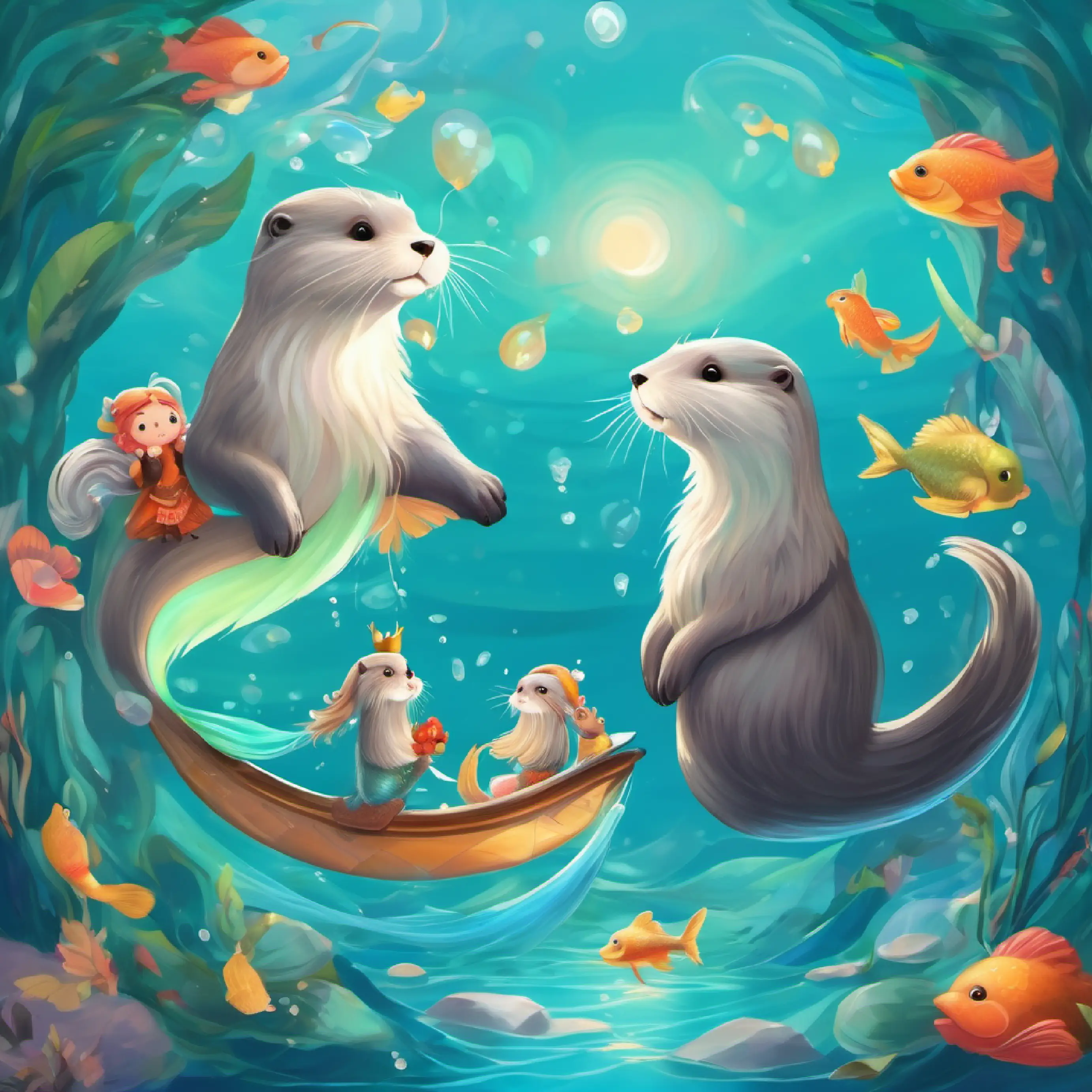 The otters play with Mermaid princess with sky-blue tail and long aqua hair and the mirror.