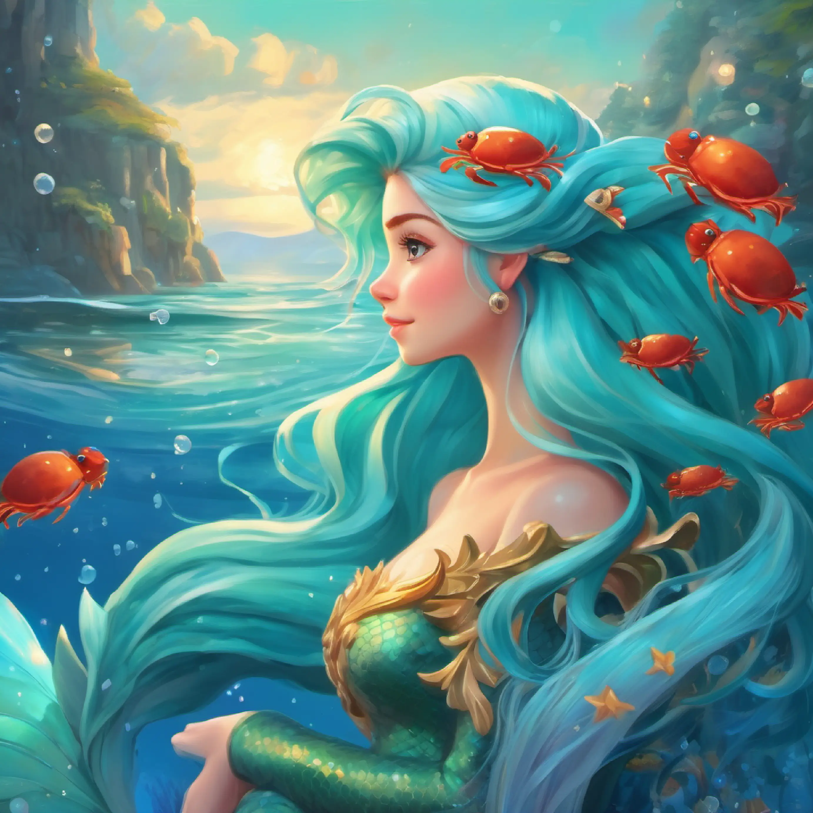 Mermaid princess with sky-blue tail and long aqua hair comforts and encourages the shy crab.