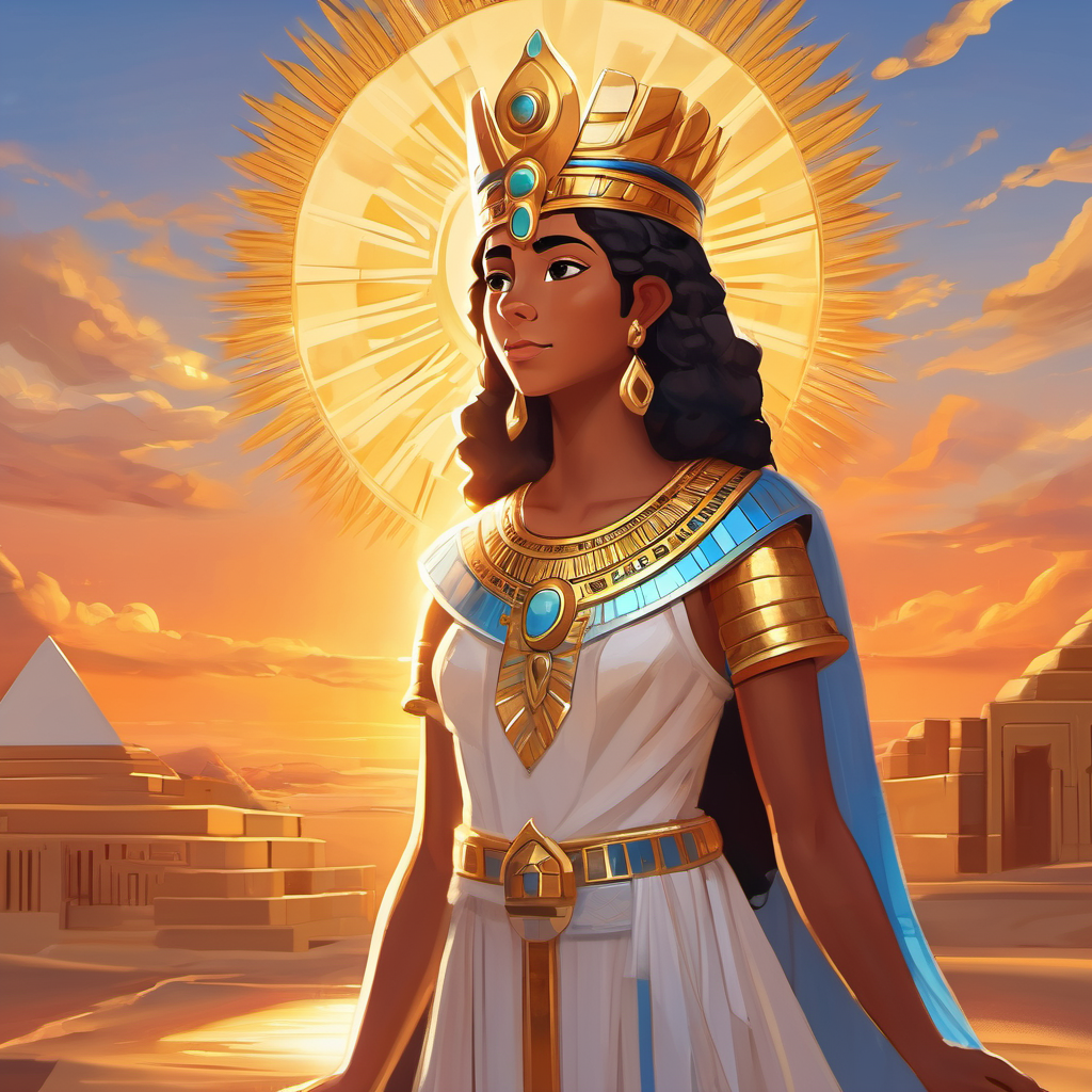 As the sun sets, Young pharaoh with a fancy crown and shimmering white dress thanks the sun and reflects on her duties as a pharaoh, feeling grateful for the love of her people.