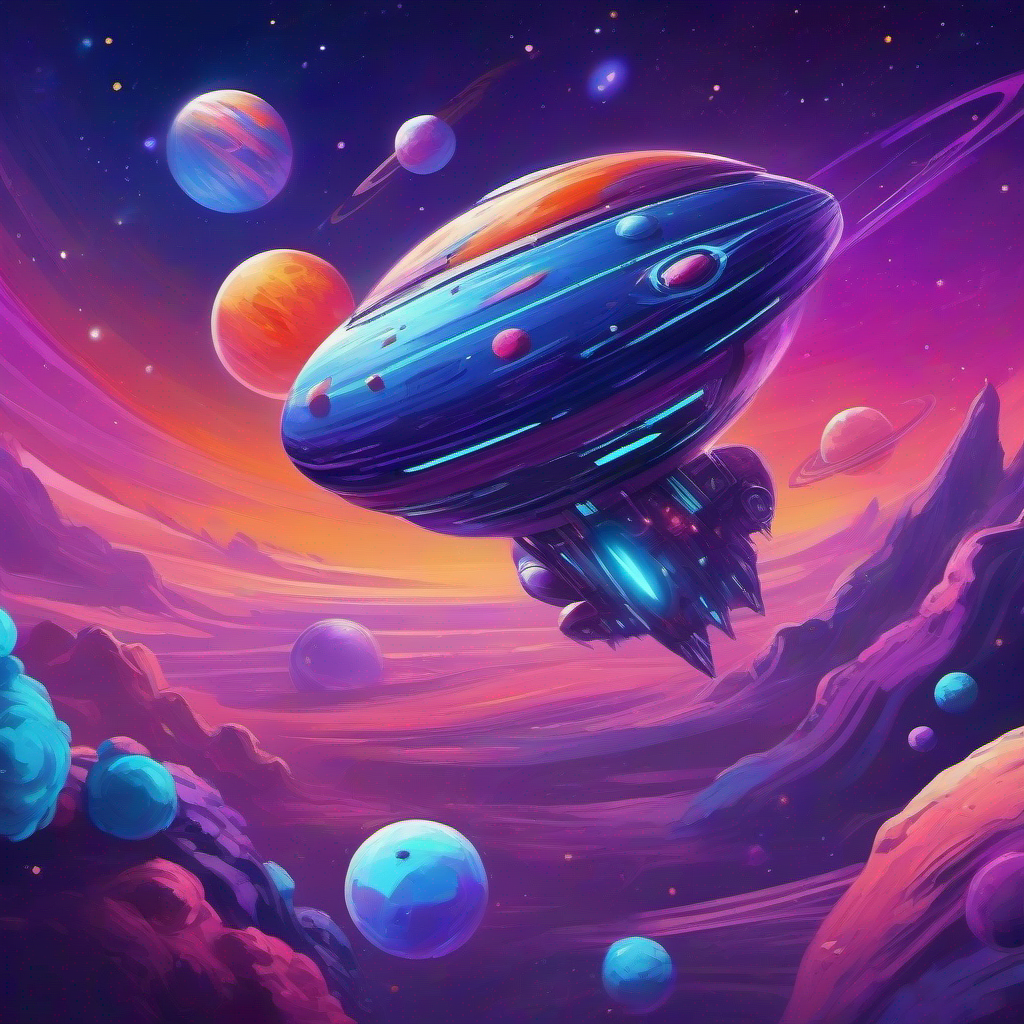 Spaceship zooming past colorful planets and comets - blue and purple.