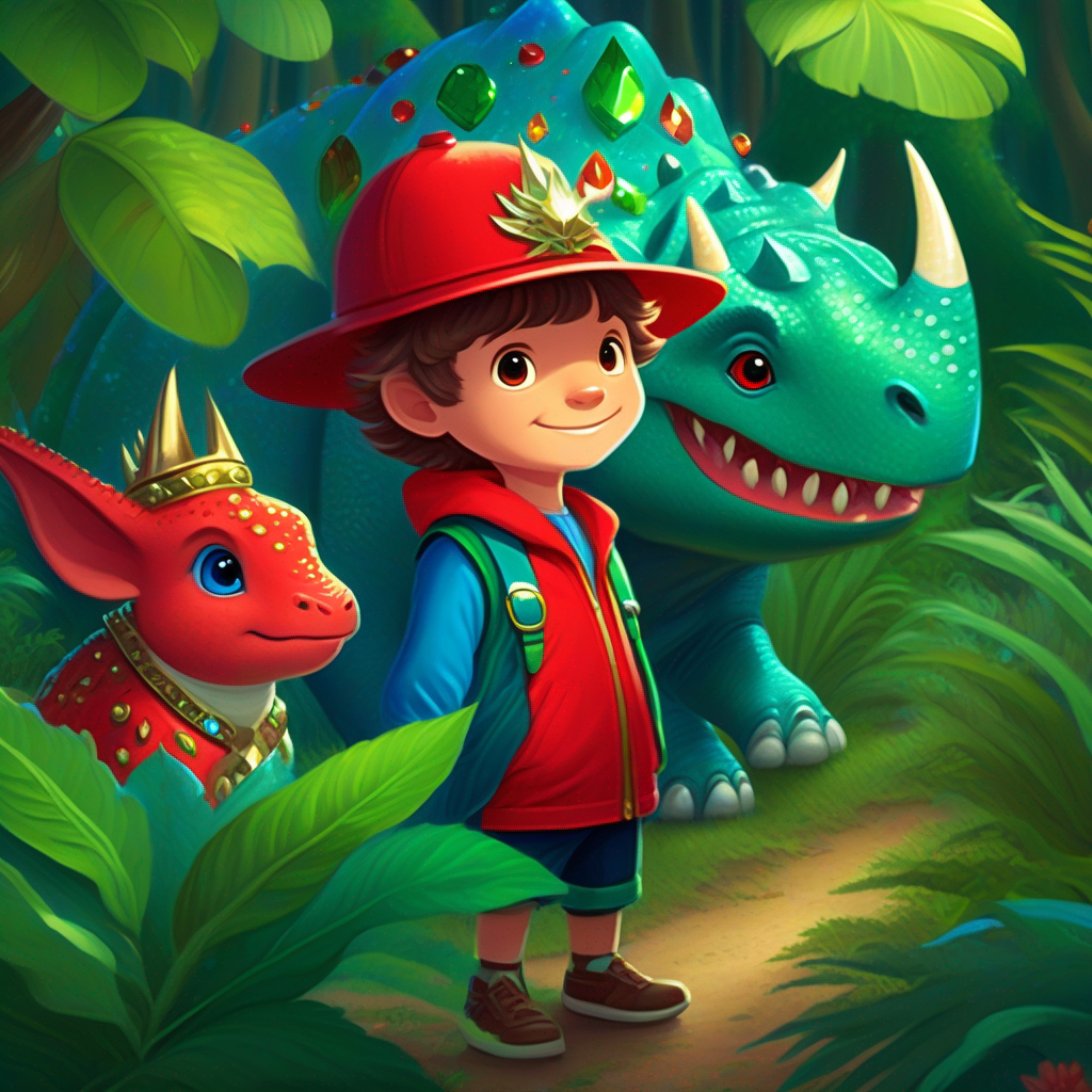 Akin: A small boy with a brave heart, wearing a blue hat and a red jacket and Nina: A friendly triceratops with bright green skin and a playful smile surrounded by shimmering jewels, with forest spirits watching over them