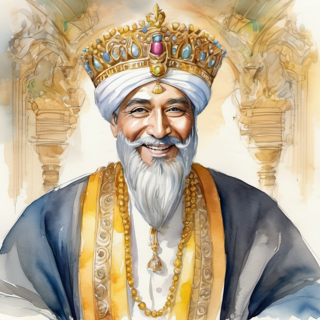 Enchanting emperor with a golden crown and wise eyes. appreciating Clever advisor with a turban and a knowing smile., both smiling