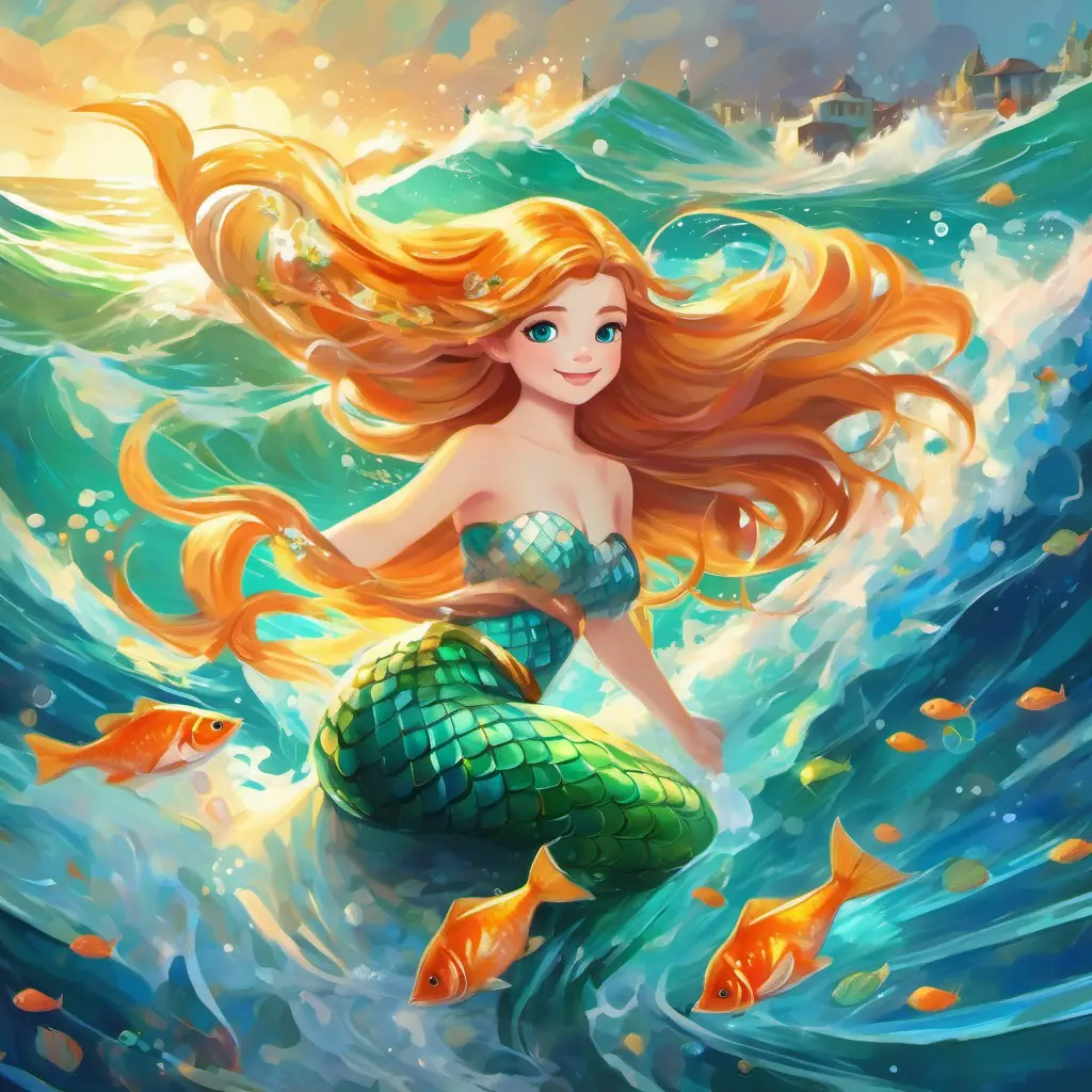 Mermaid with a shimmering teal tail and blue eyes and Playful little fish with orange and white stripes rush to rescue Tall prince with golden hair and bright green eyes during an earthquake in the ocean.