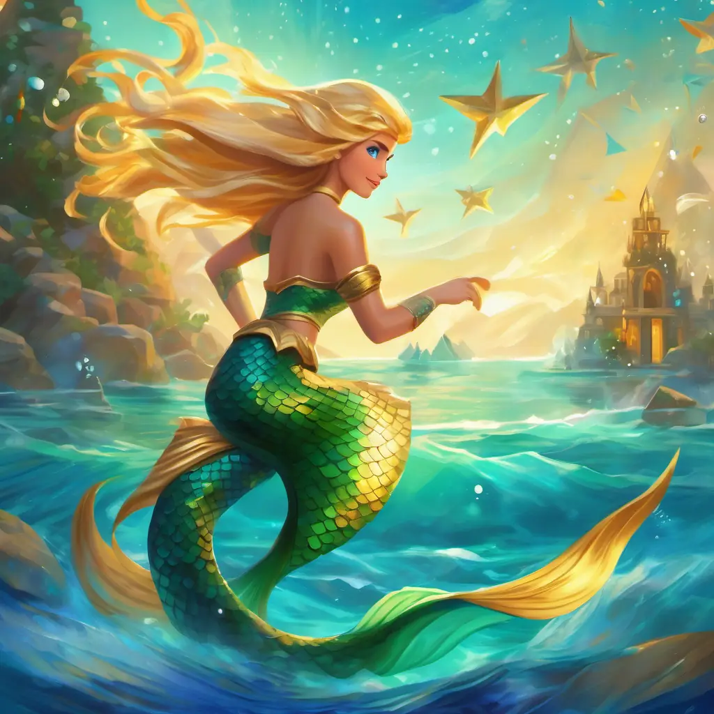 Mermaid with a shimmering teal tail and blue eyes uses her magical tail to speed up the search for Tall prince with golden hair and bright green eyes and the damaged pyramids.