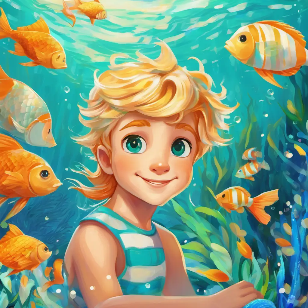 Mermaid with a shimmering teal tail and blue eyes and Playful little fish with orange and white stripes discover the sick Tall prince with golden hair and bright green eyes and bring him to the beach, where his dad appears.