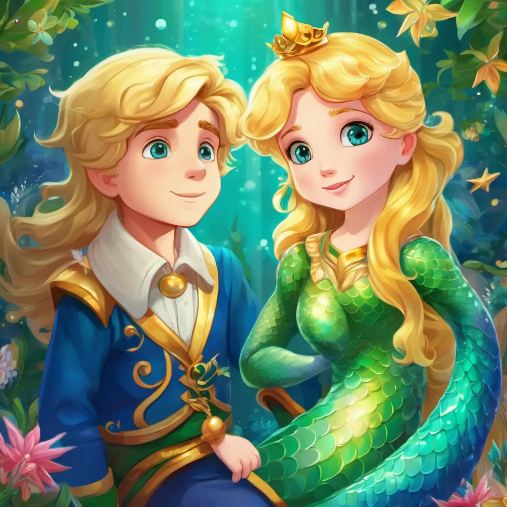 Tall prince with golden hair and bright green eyes, feeling unwell, questions who Mermaid with a shimmering teal tail and blue eyes is and shares about meeting a beautiful girl with his dad.