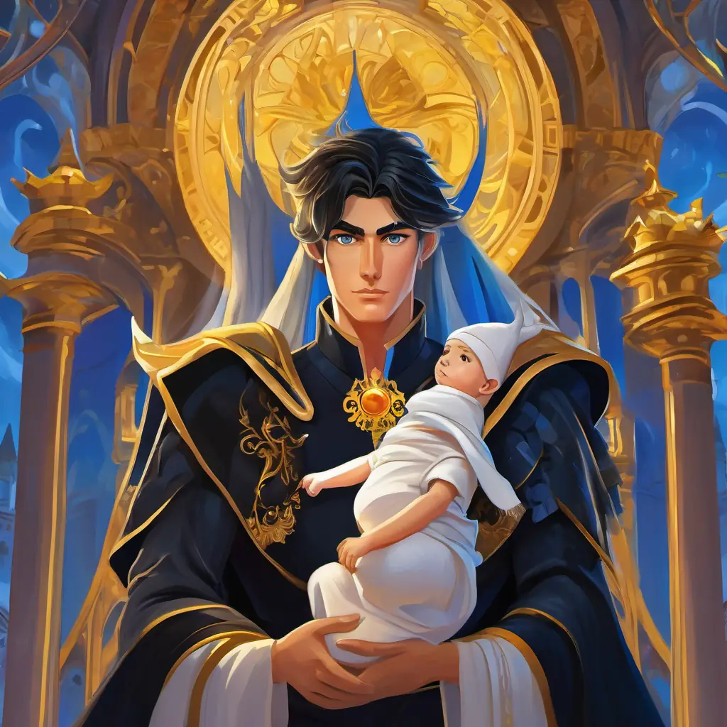 In the grand Kremlin Palace, surrounded by golden spires, Strong leader with sleek silver hair and piercing gaze, radiating authority holds his newborn son Curious, energetic teen with jet-black hair and striking blue eyes in his strong arms.