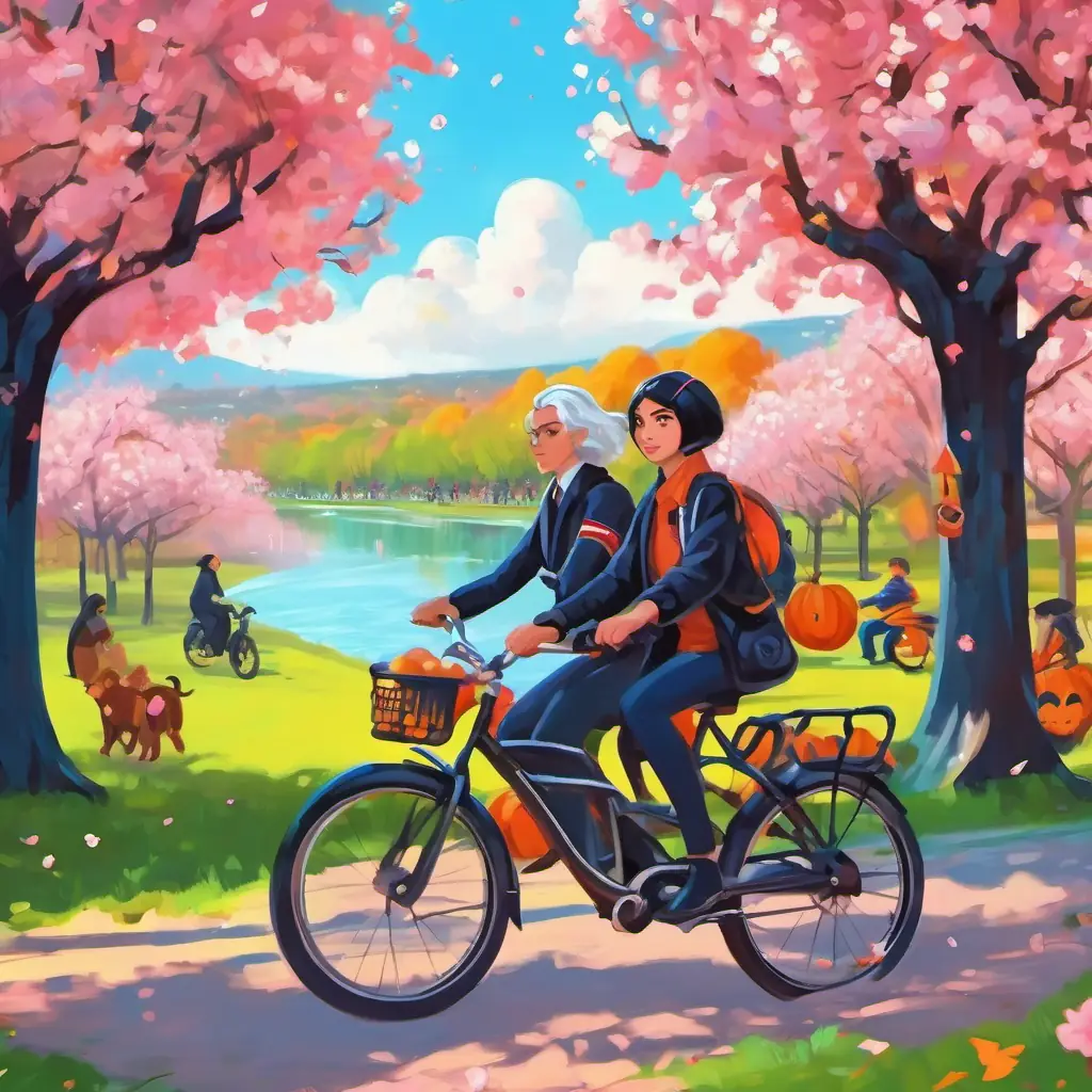 Strong leader with sleek silver hair and piercing gaze, radiating authority and Curious, energetic teen with jet-black hair and striking blue eyes ride their bikes, wondrously exploring Gorky Park, surrounded by blossoming cherry trees and the glimmering Moskva River.