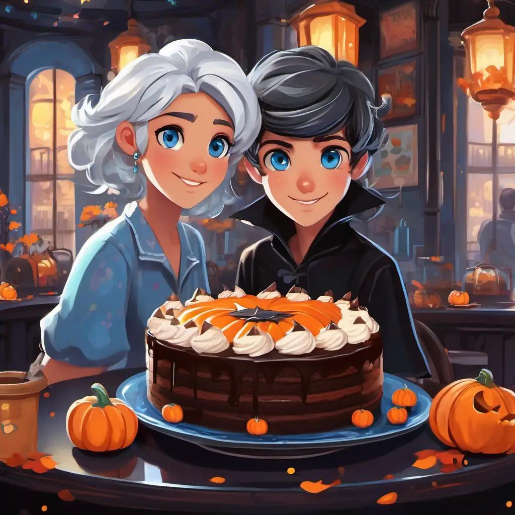 Strong leader with sleek silver hair and piercing gaze, radiating authority and Curious, energetic teen with jet-black hair and striking blue eyes sit together in a cozy pastry shop, savoring deliciously moist chocolate cake adorned with swirls of creamy frosting.