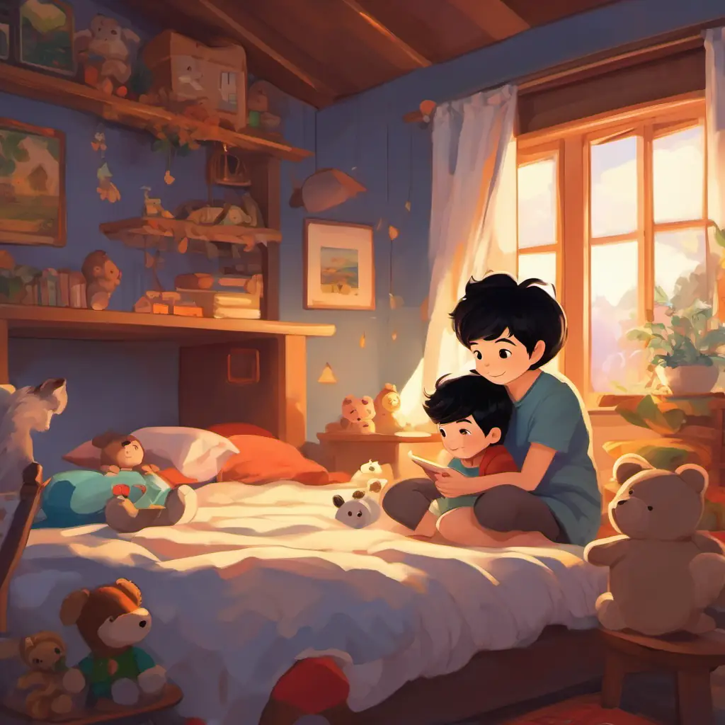 Small boy with black hair, bright eyes, and a warm smile and his mother are in his cozy bedroom, surrounded by stuffed animals and a nightlight.