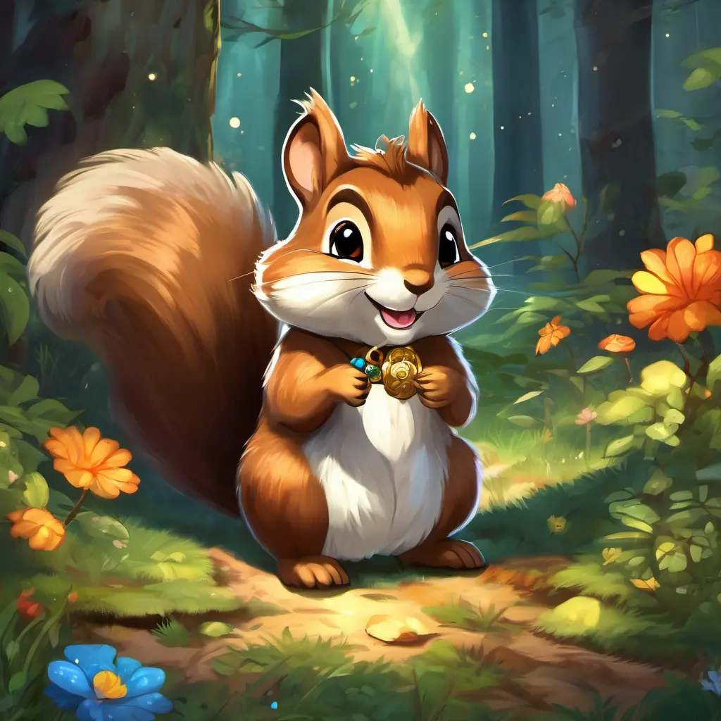Friendly squirrel with soft brown fur and sparkly black eyes, always wearing a mischievous smile, wearing the magical necklace, stands in awe as the treasure chest reveals the shimmering necklace. The animals of the forest, including birds and deer, eagerly gather around Friendly squirrel with soft brown fur and sparkly black eyes, always wearing a mischievous smile.