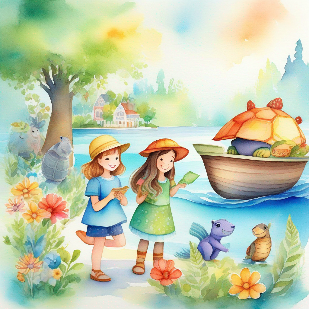 A little girl with a map, colorful flowers, and a big smile, A friendly talking squirrel, green trees, and a big smile, and A wise old turtle with a magic shell, blue water, and a gentle smile on a magical boat, blue water, and a wise turtle
