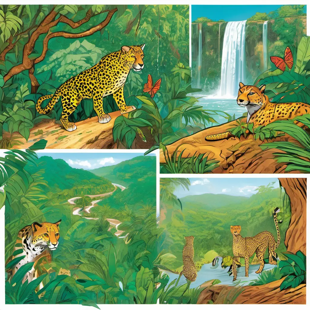 Students walking in the jungle, meeting Stella the Slithery, shimmering snake named Stella with sparkling emerald eyes, playing with the Cheerful, chattering cheetah cubs with spots as bright as the sun at the waterfall