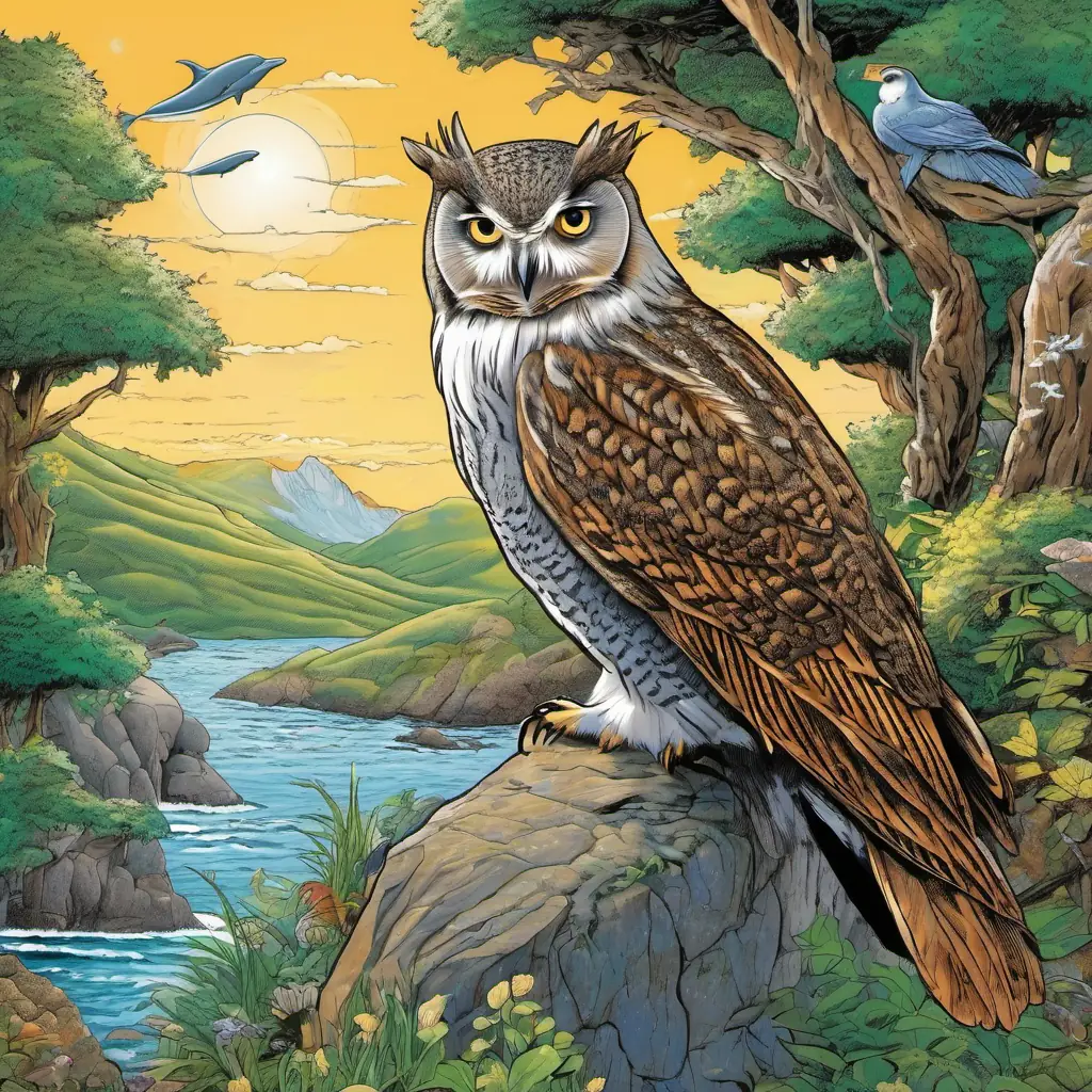 Meeting Walter the Wise old owl named Walter with big, round eyes and feathers as soft as velvet, climbing the mountain path, dancing with the dolphins in the ocean