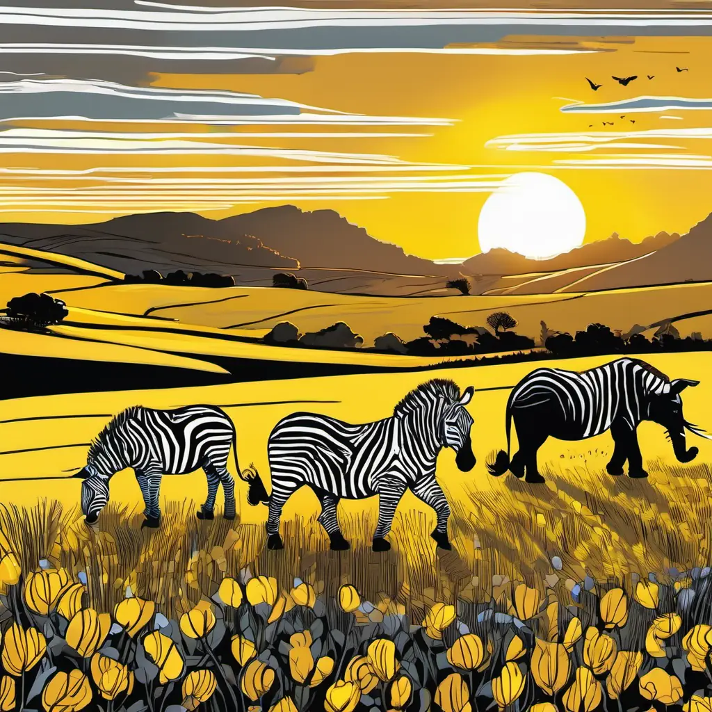 Exploring the yellow fields with Playful, prancing zebras with stripes as black and white as piano keys, playing with Energetic, enchanting elephants with long, swishy trunks and big, floppy ears as the sun sets behind the hills