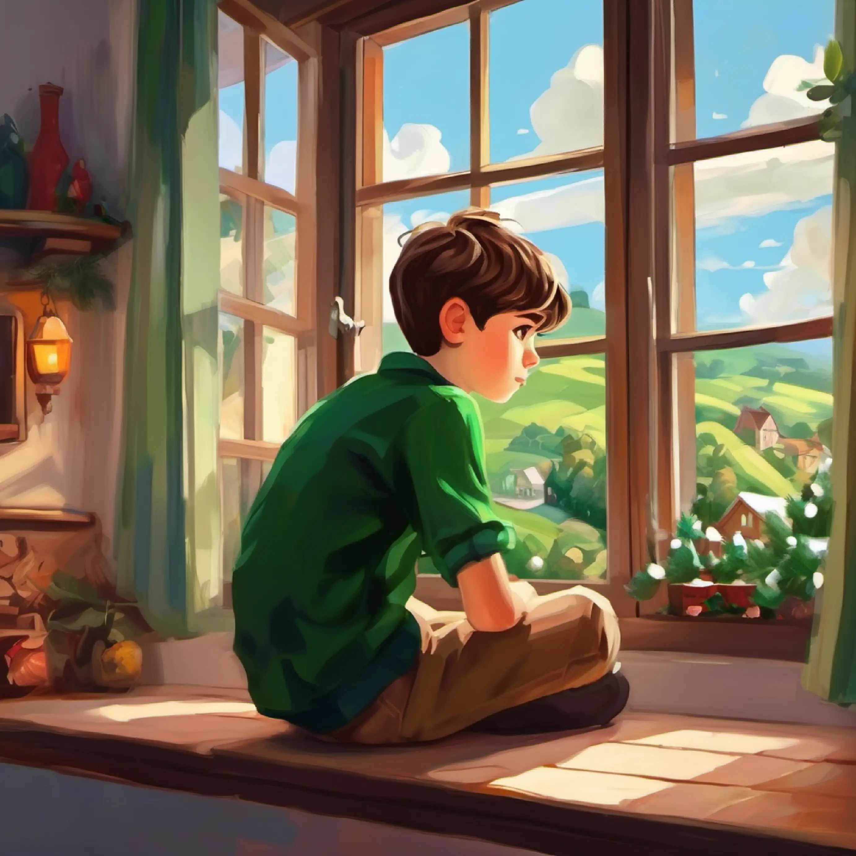 Thoughtful boy, short brown hair, green eyes sitting, looking out the window, small house interior.