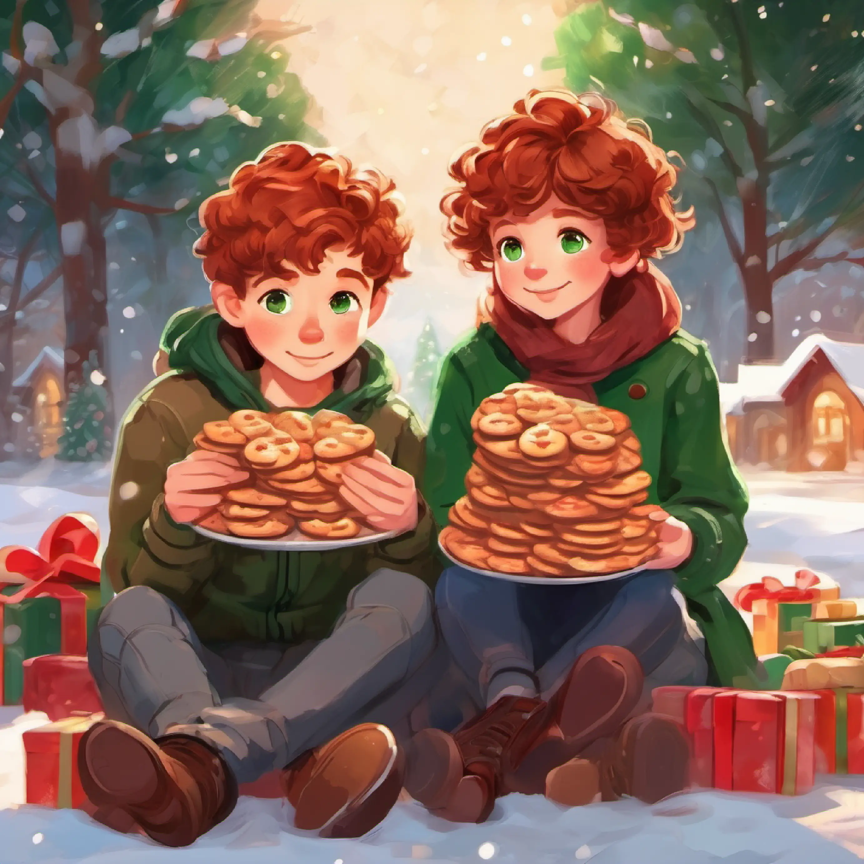 Thoughtful boy, short brown hair, green eyes and Shy girl, curly red hair, freckles sharing cookies, feeling happy.