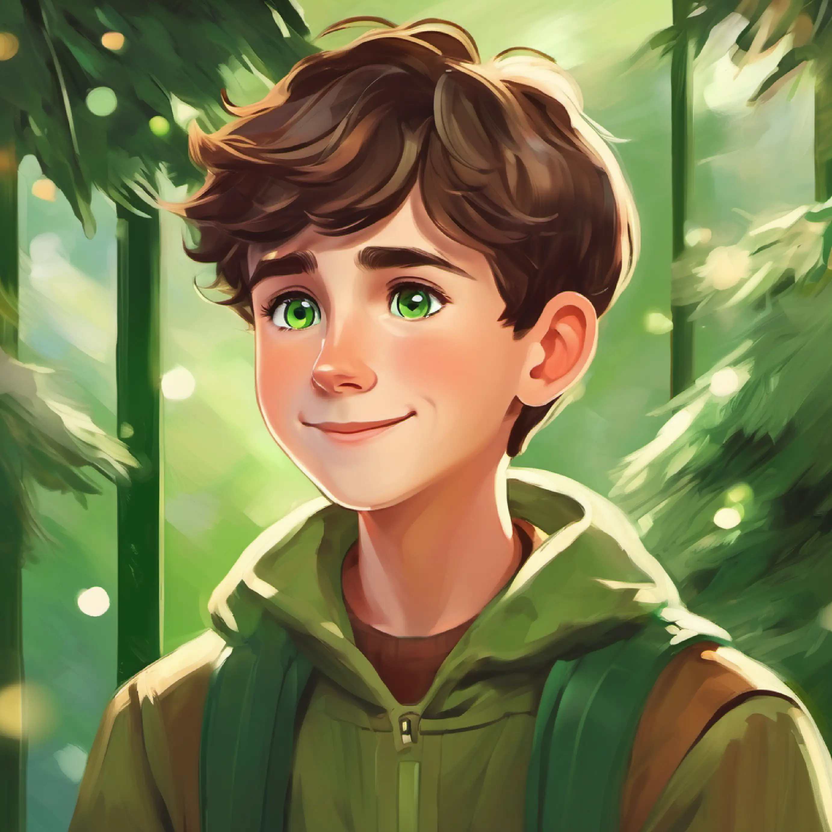 Thoughtful boy, short brown hair, green eyes smiling, understands happiness in sharing.