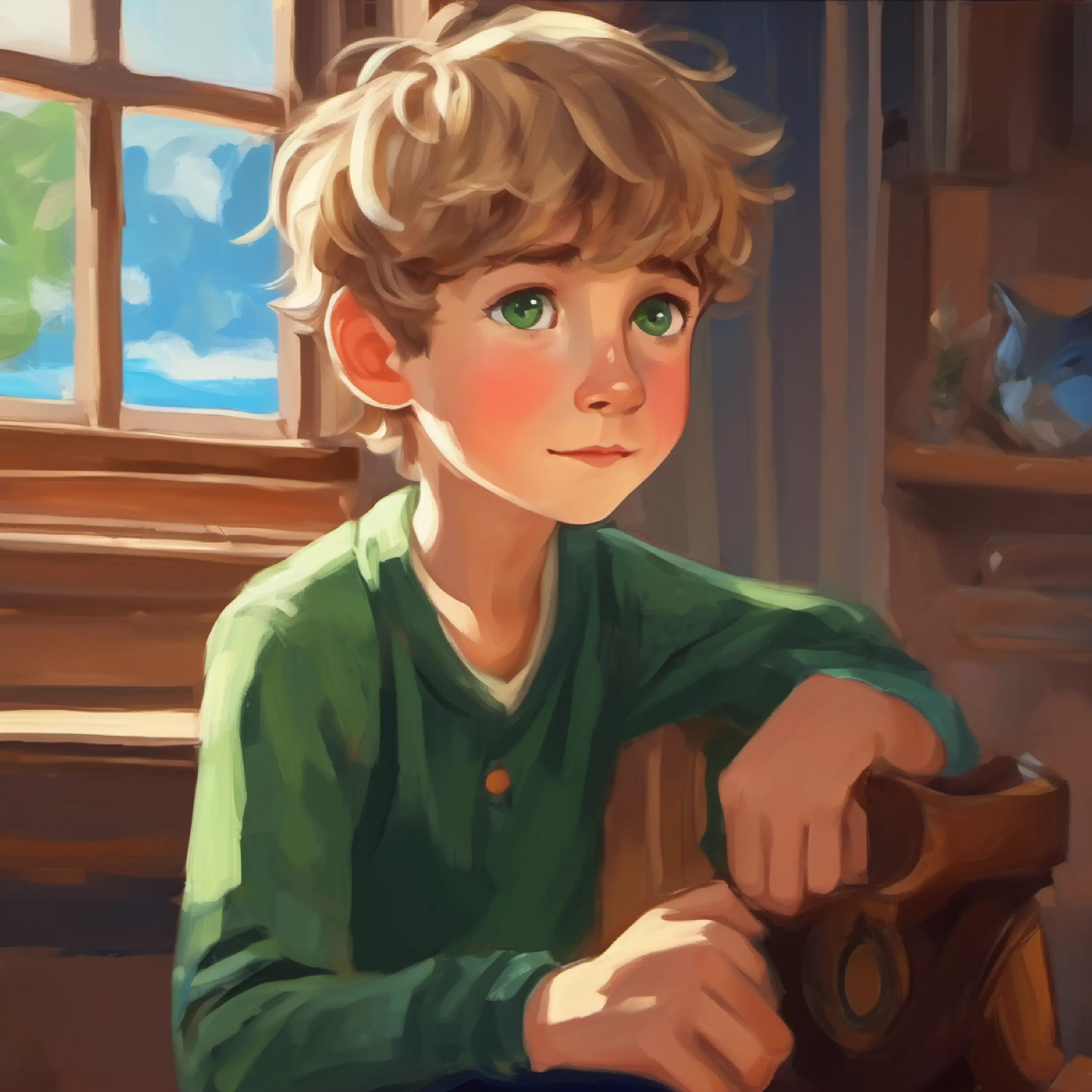 Thoughtful boy, short brown hair, green eyes reminiscing about playing with Cheerful boy, blonde hair, blue eyes, feeling alone.