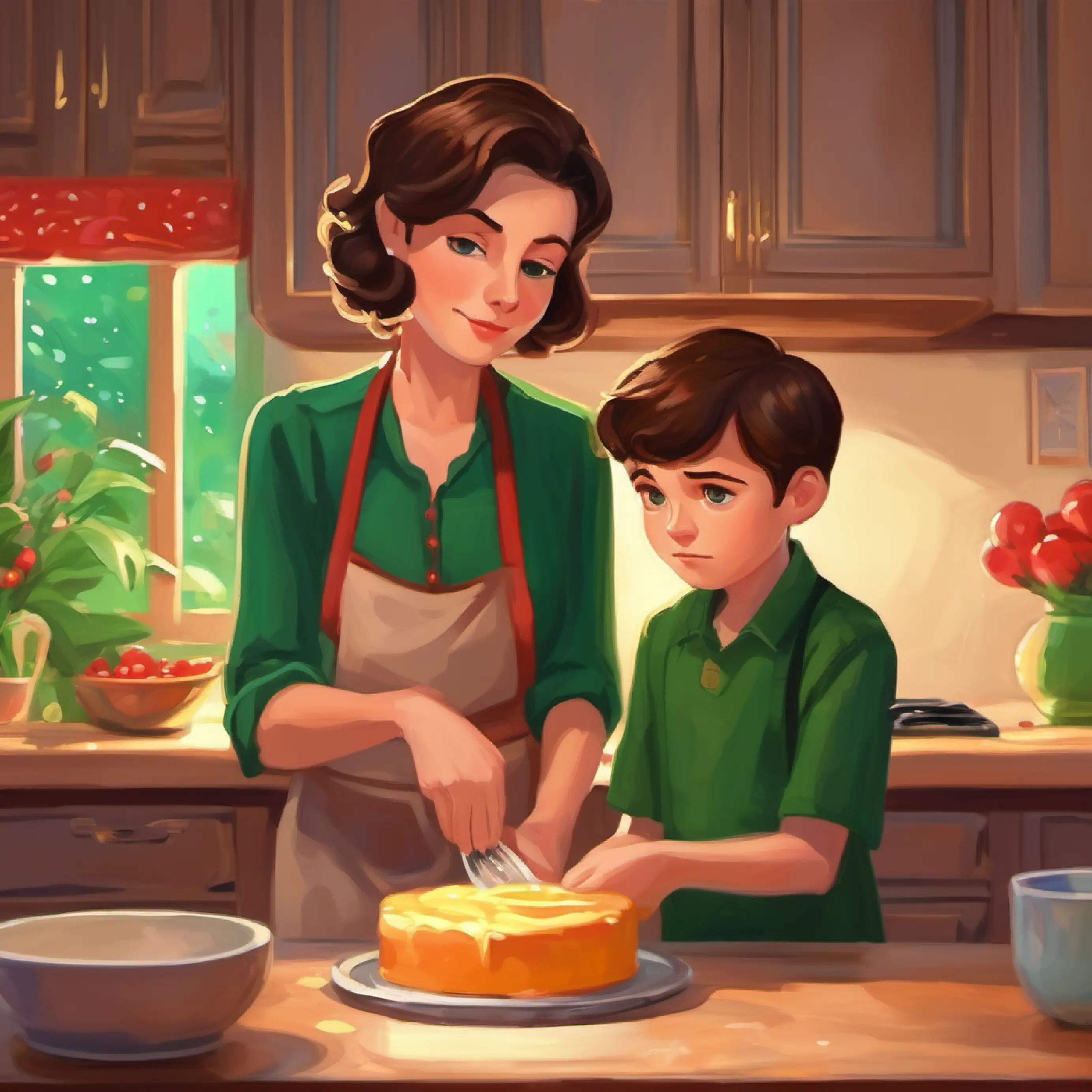 Thoughtful boy, short brown hair, green eyes's mom offering to bake, Thoughtful boy, short brown hair, green eyes still sad.