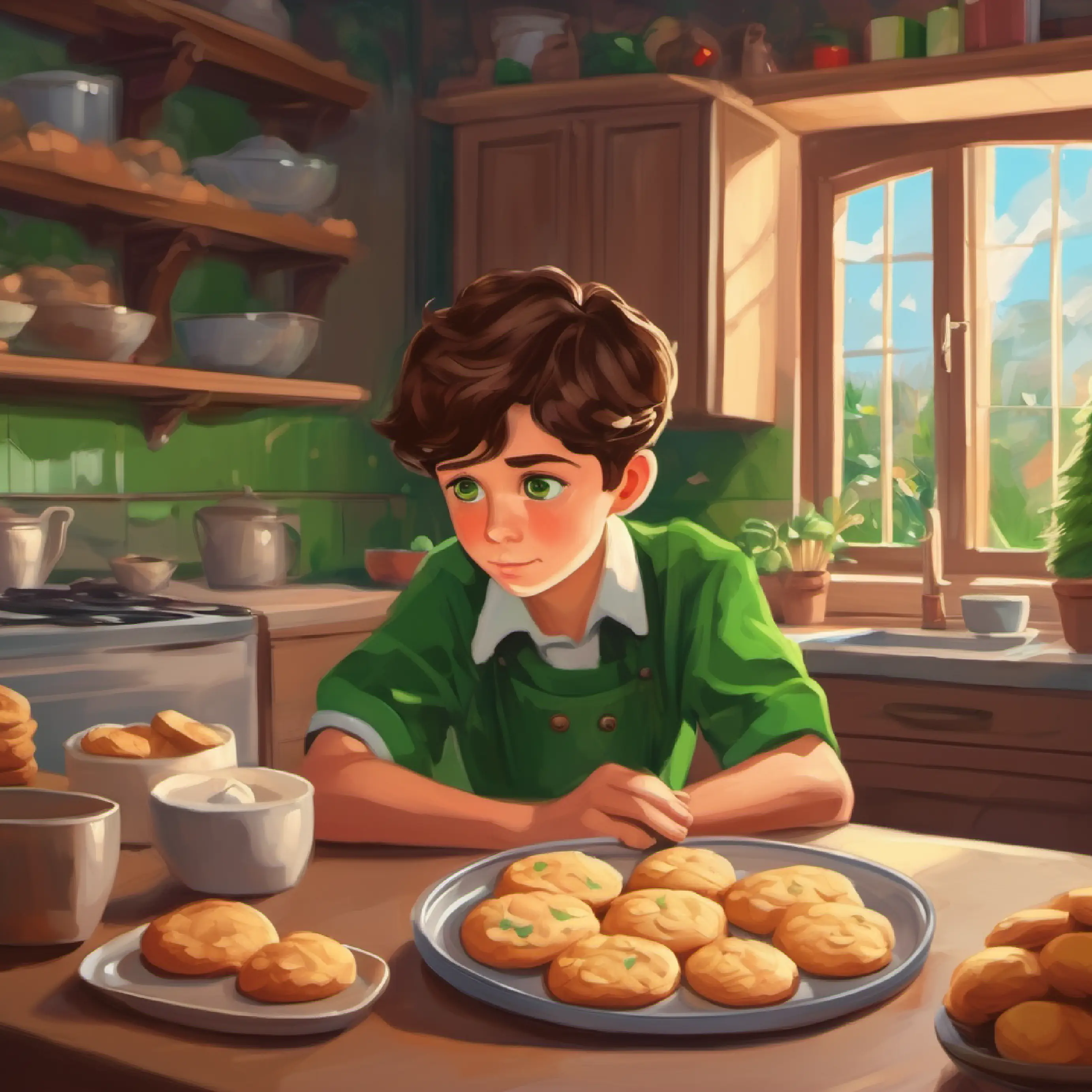 Thoughtful boy, short brown hair, green eyes and mom baking cookies, Thoughtful boy, short brown hair, green eyes unsmiling.