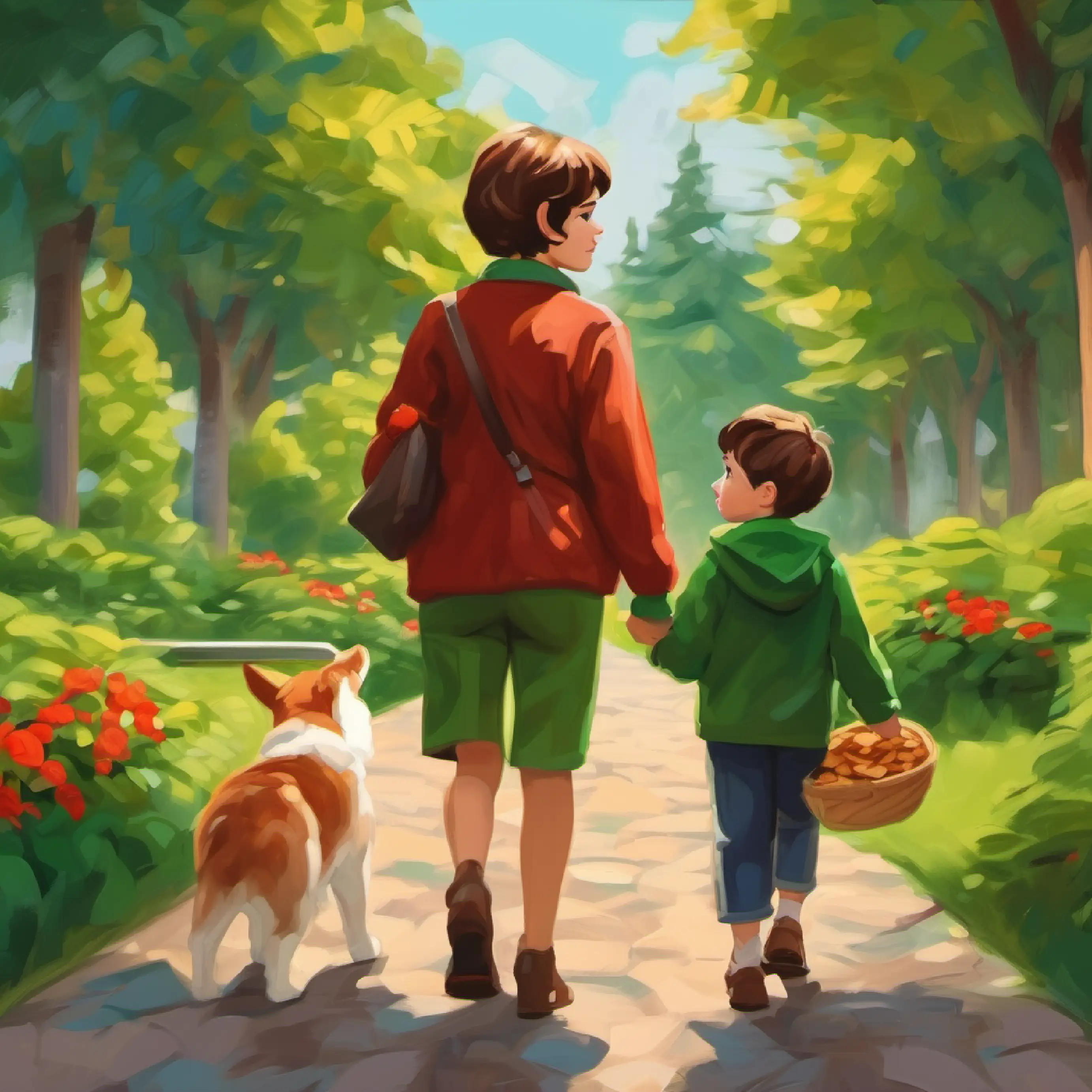 Thoughtful boy, short brown hair, green eyes and mom walking to park, carrying cookies.