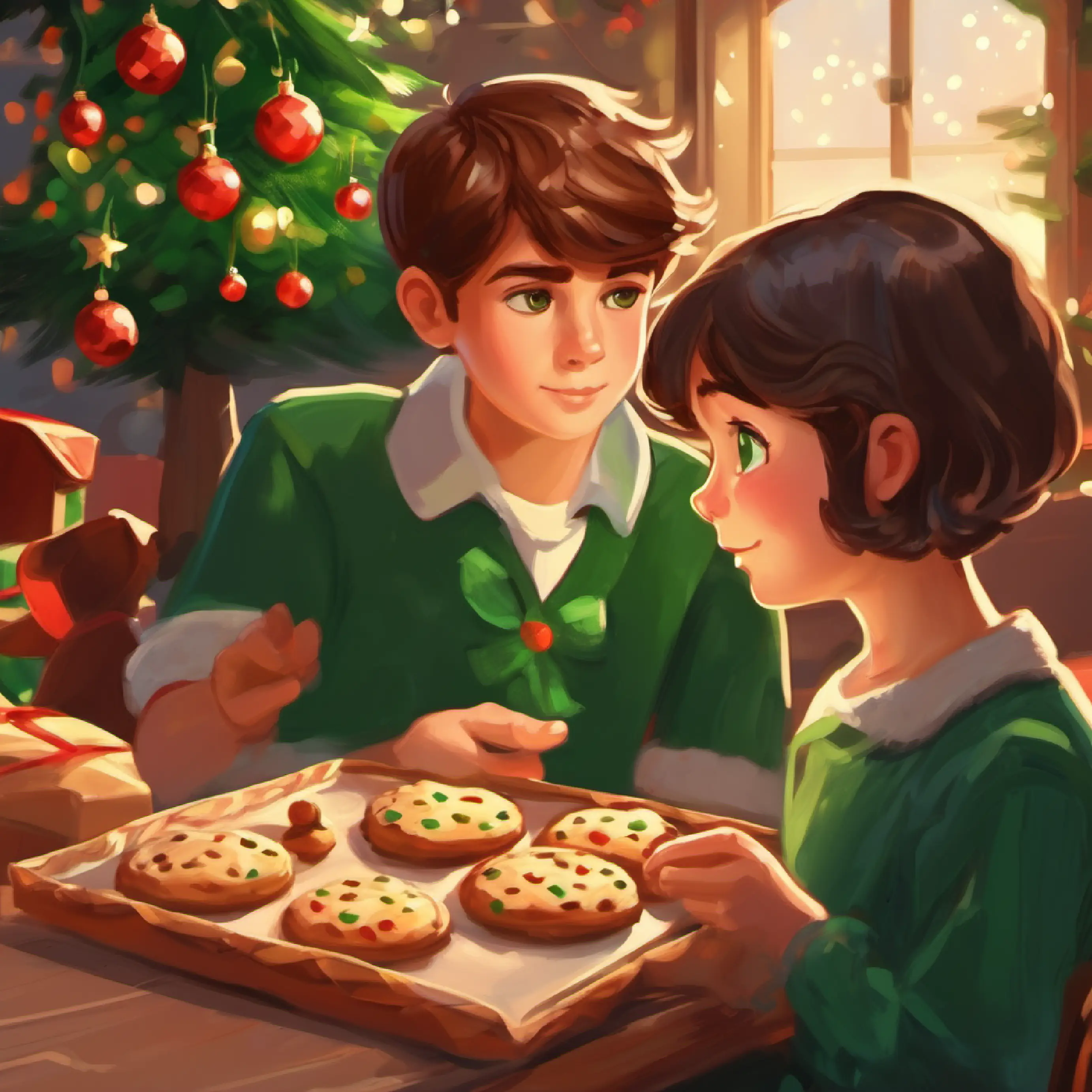 Thoughtful boy, short brown hair, green eyes offering a cookie to the new girl.