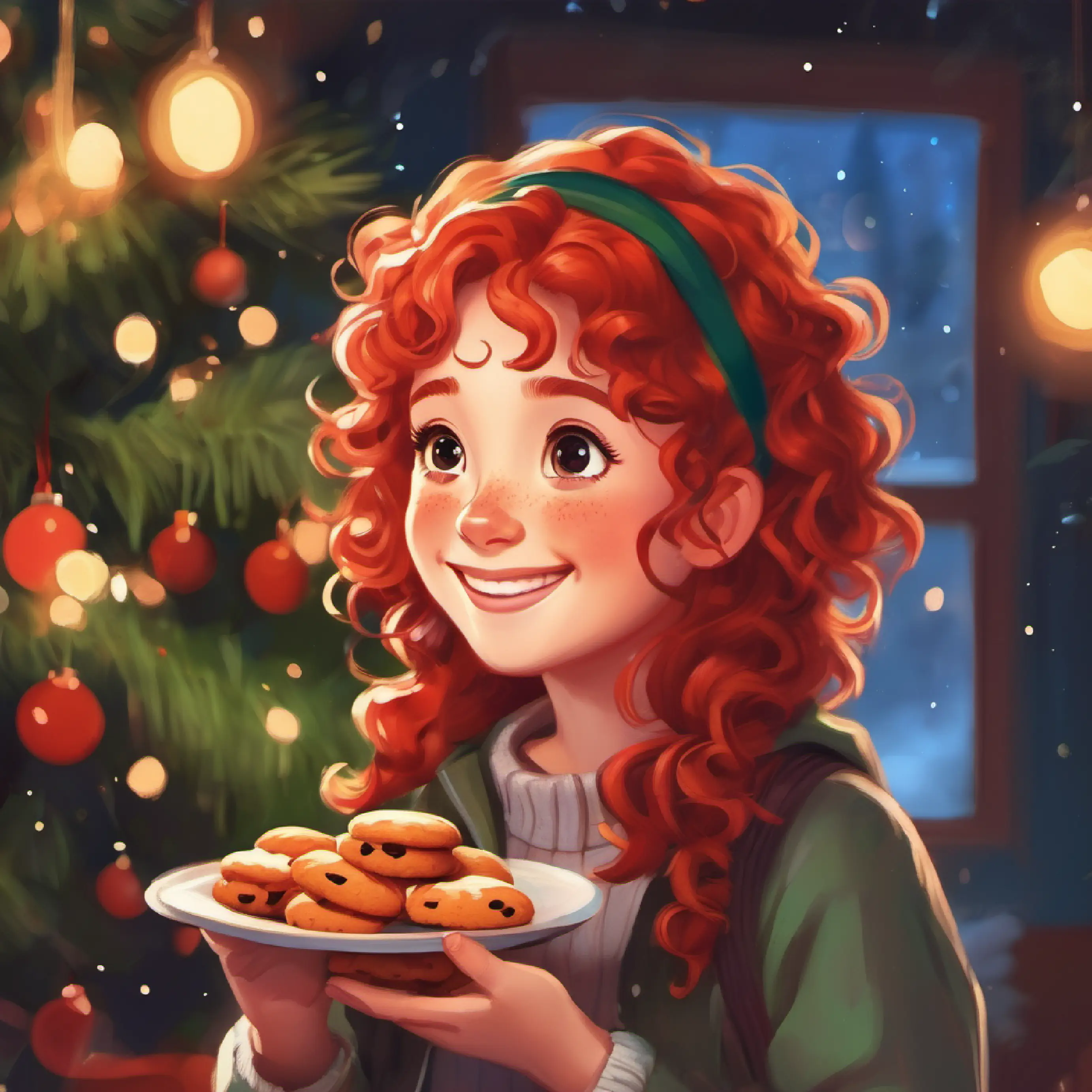 Shy girl, curly red hair, freckles smiling and accepting cookie, making friends.