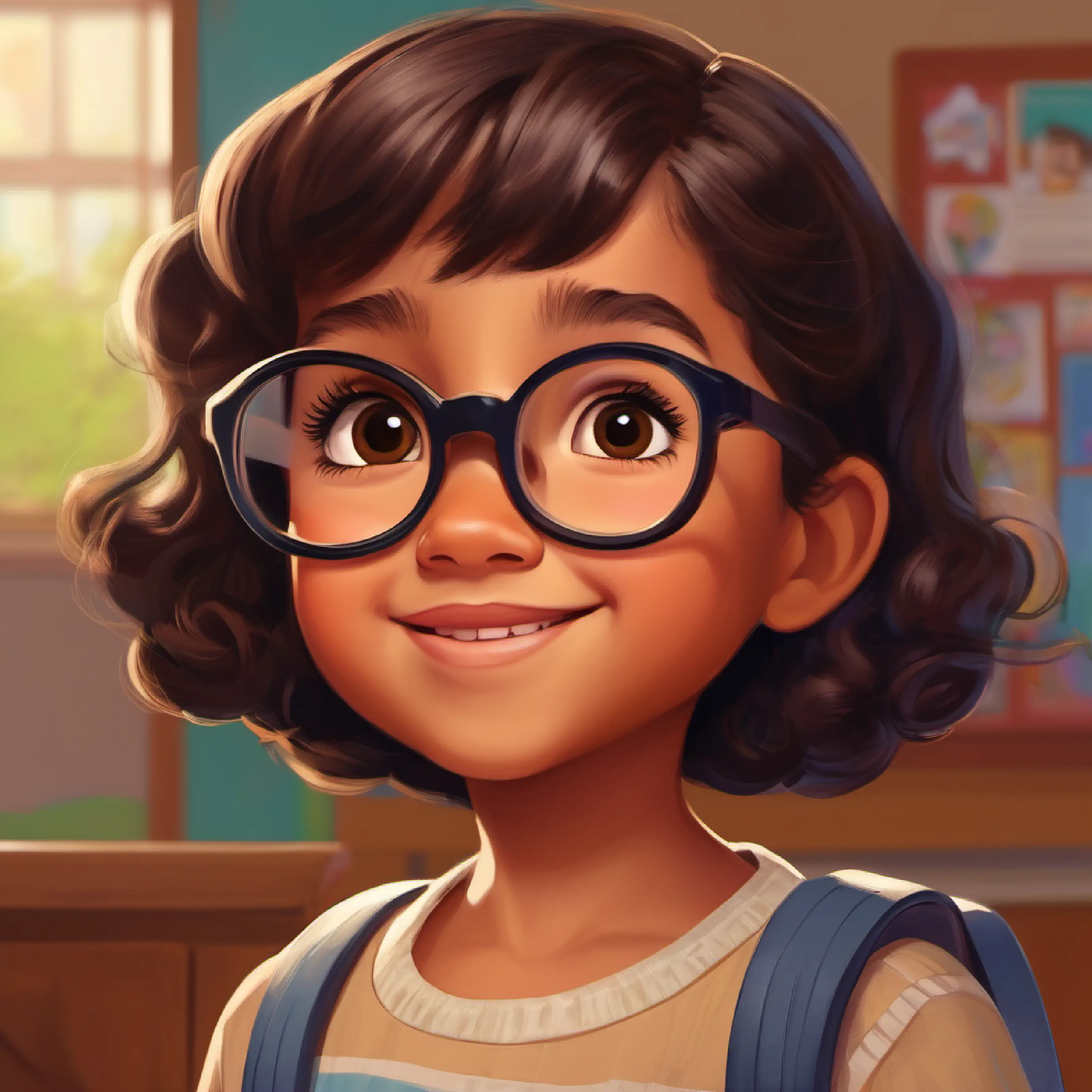 Nayeli talking to other kids in her classroom while wearing her glasses