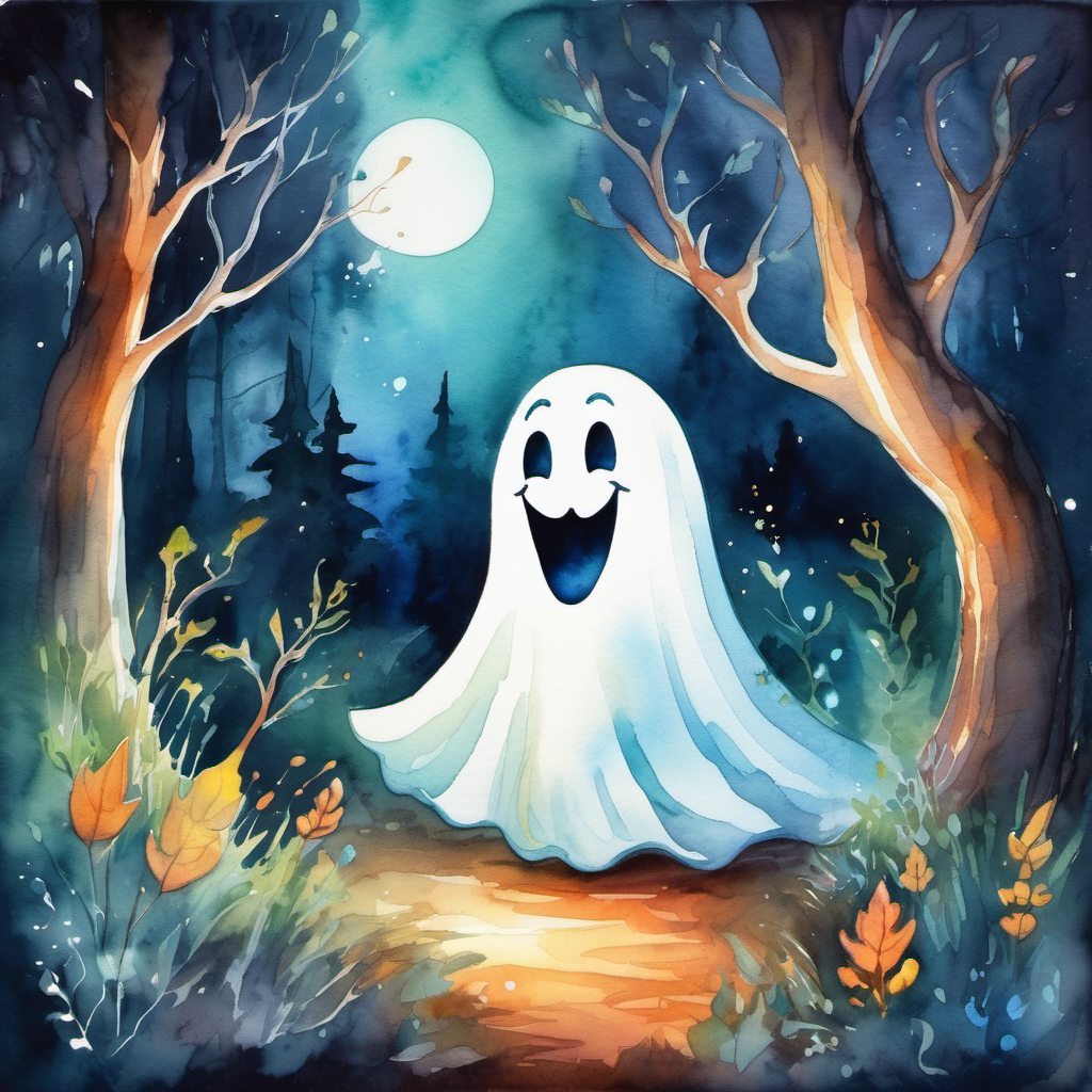 Friendly ghost with a big smile and glowing aura hears about a magical forest