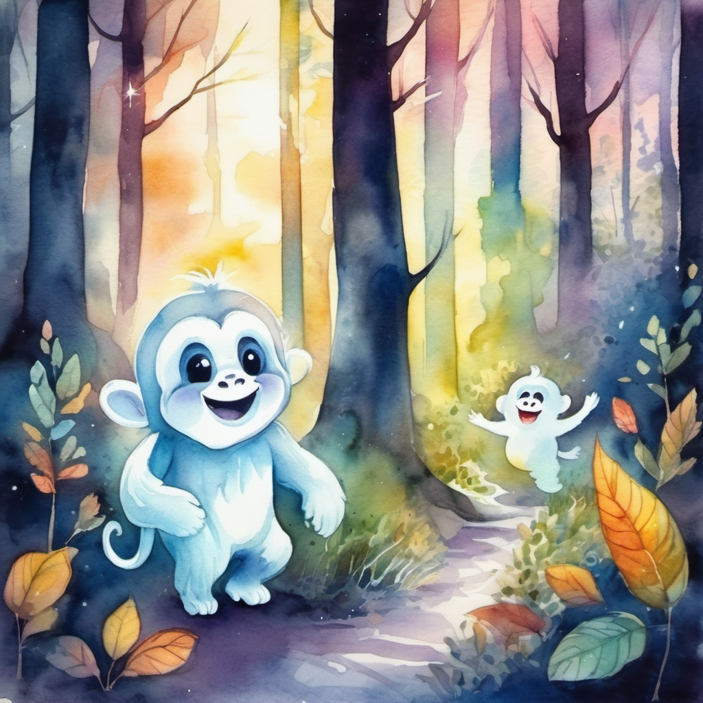 Friendly ghost with a big smile and glowing aura and monkey have adventures in the forest