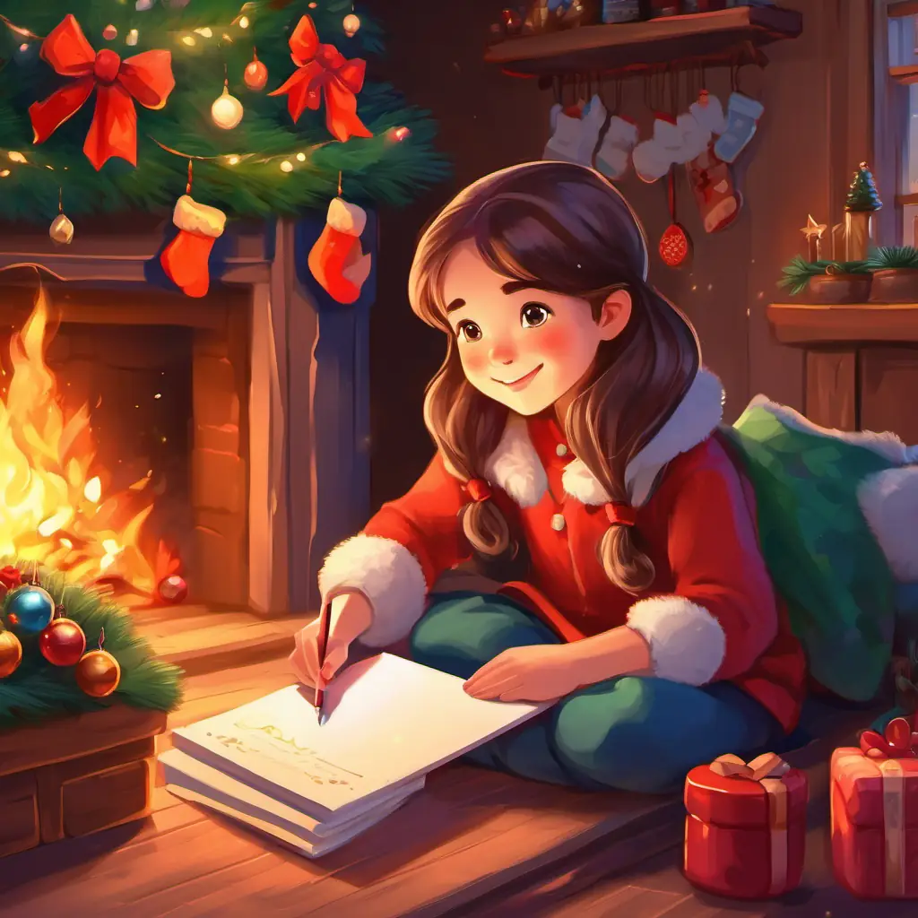 Cheerful girl with rosy cheeks and twinkling eyes is sitting by a cozy fireplace, writing a heartfelt letter to Santa. The room is filled with Christmas decorations and a brightly decorated Christmas tree.