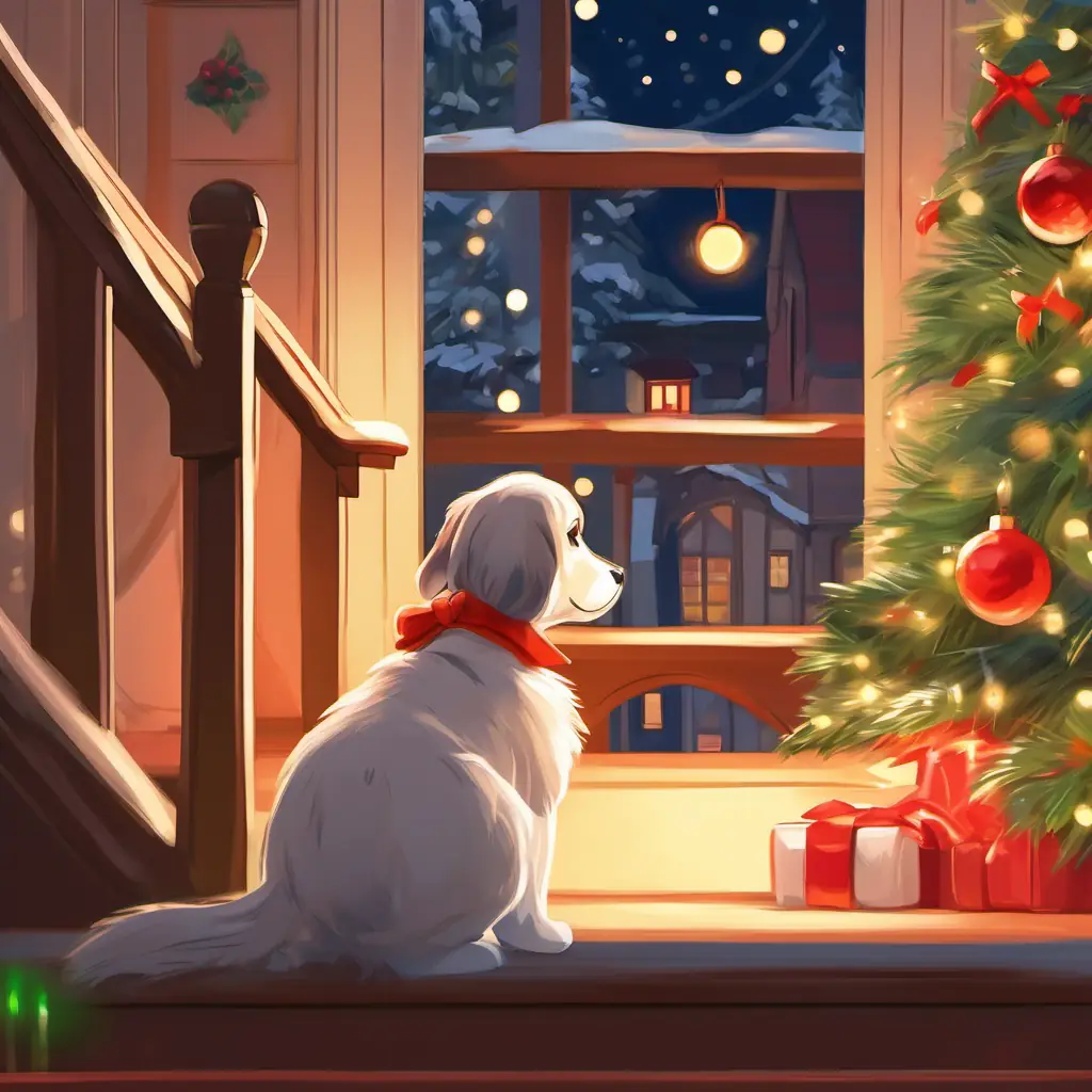 Cheerful girl with rosy cheeks and twinkling eyes is sneaking down the stairs, wearing her warm pajamas. The living room is illuminated by the soft glow of the Christmas tree lights, and there is a cute little puppy with floppy ears and a red bow around its neck.