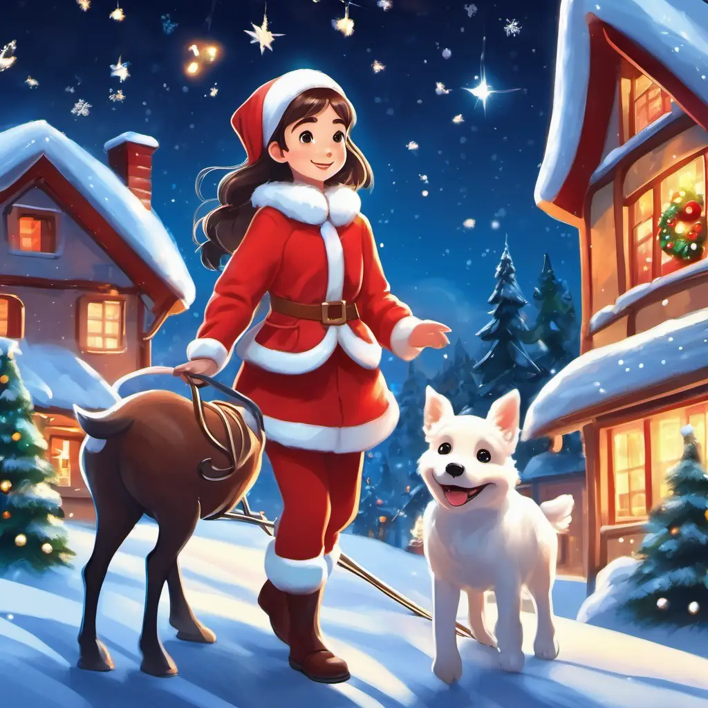 Cheerful girl with rosy cheeks and twinkling eyes and Fluffy white puppy with sparkly blue eyes are standing outside, waving at Santa's sleigh in the night sky. Santa is dressed in his red suit, with his reindeer pulling the sleigh. The village is covered in twinkling Christmas lights.