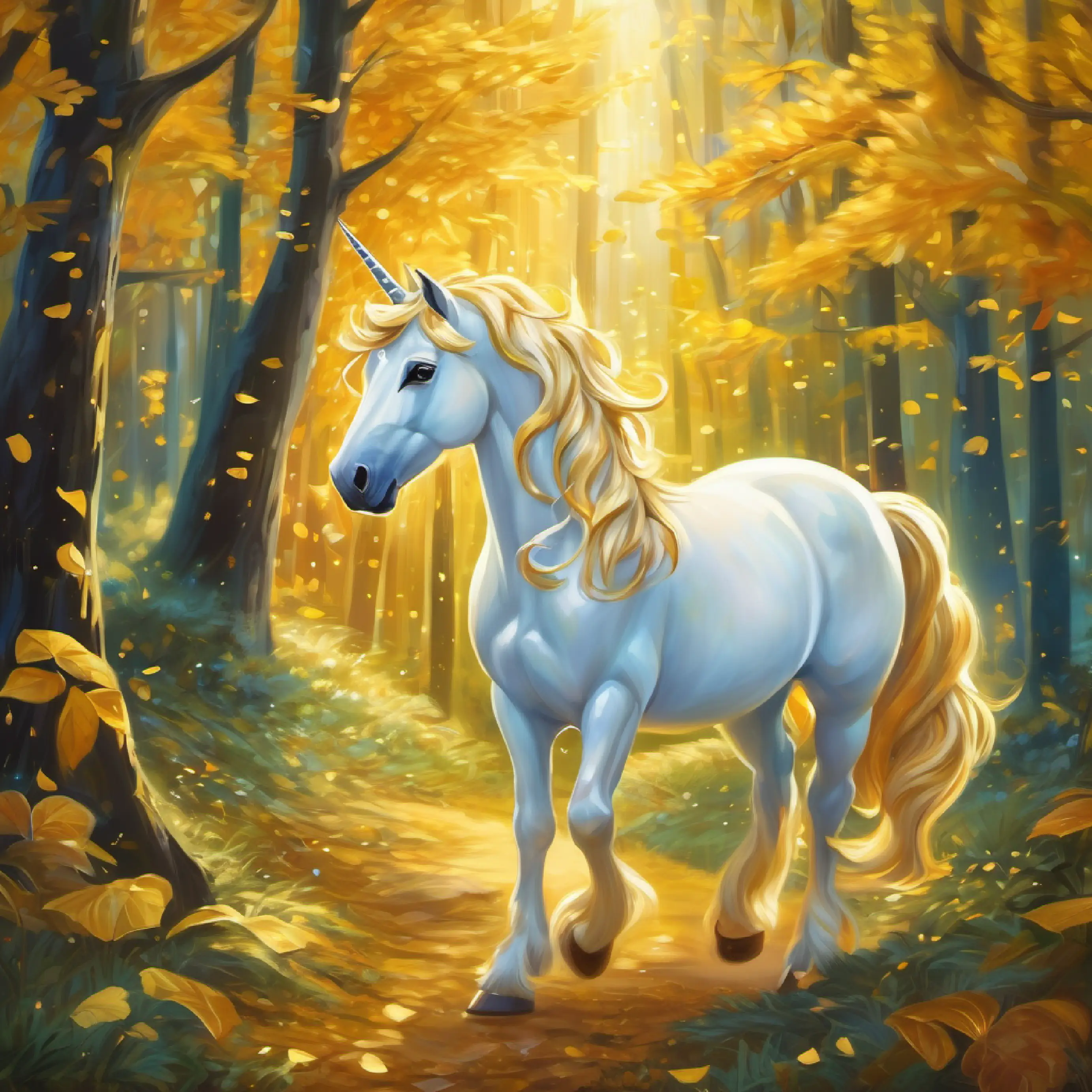 Young unicorn, golden hoof, stardust trail, eyes reflecting bravery's birth in the magical forest, highlighting her unique golden hoof.