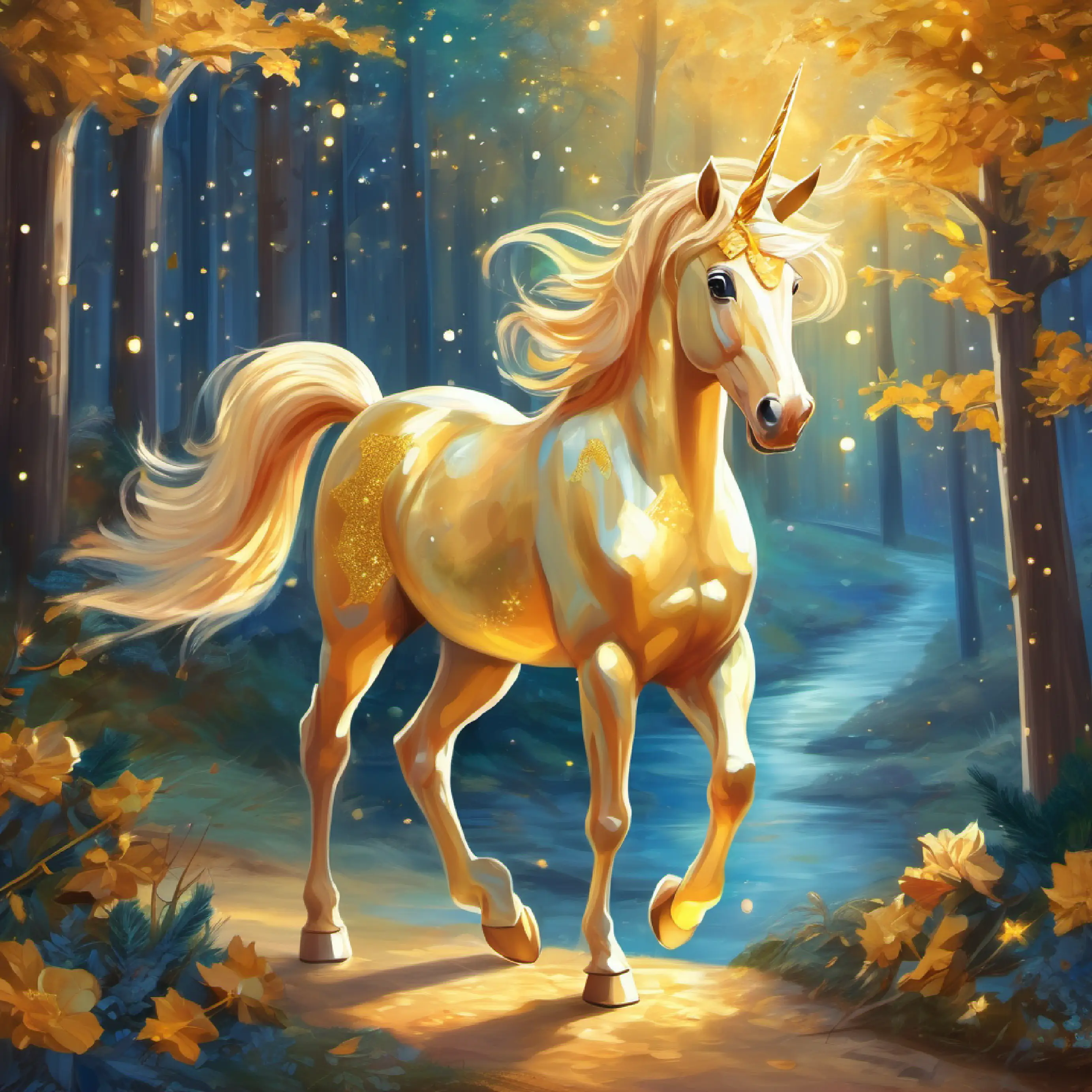 Young unicorn, golden hoof, stardust trail, eyes reflecting bravery spreads her gift and positivity, making friends on her journey.
