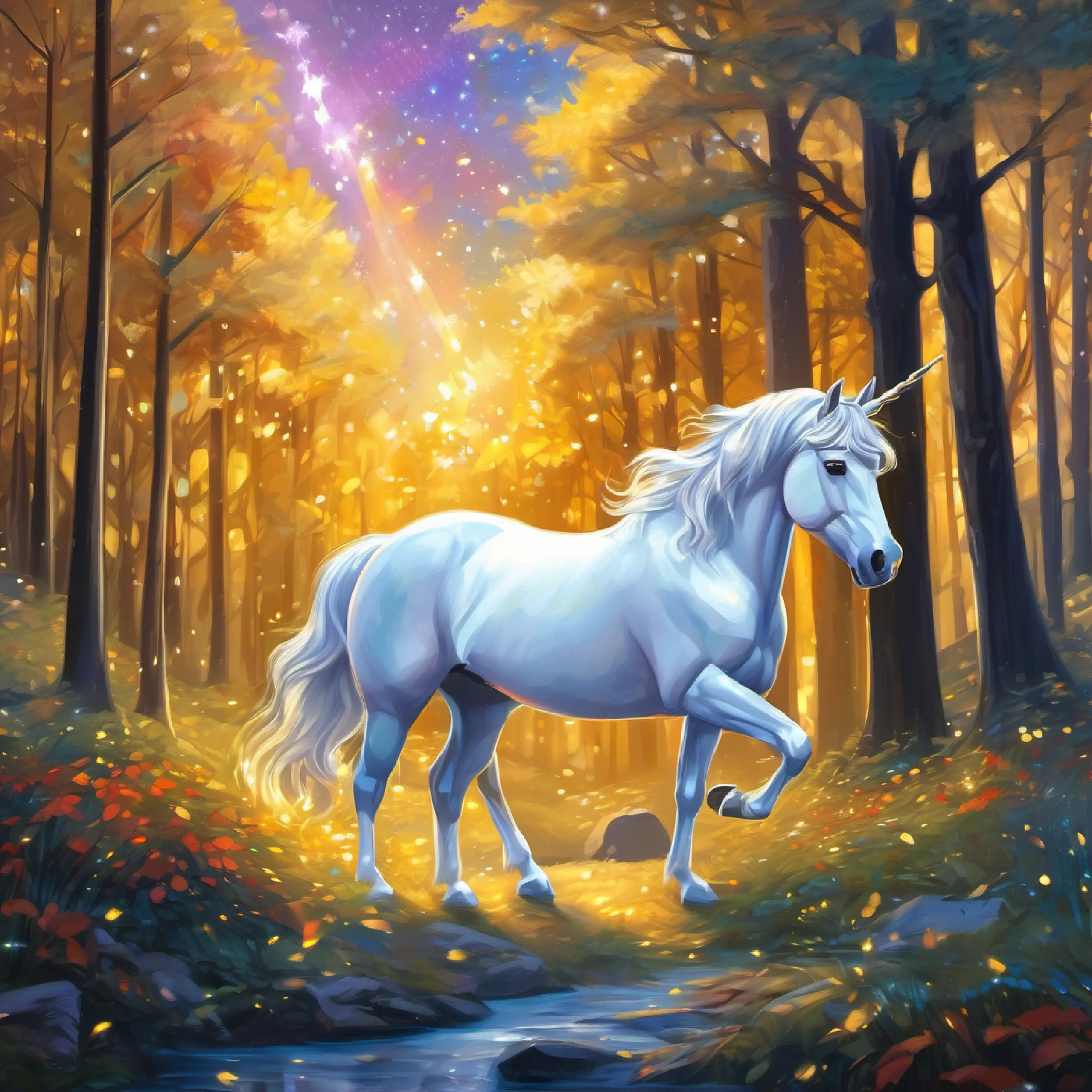 Young unicorn, golden hoof, stardust trail, eyes reflecting bravery's return as a hero, honored by all in the forest.