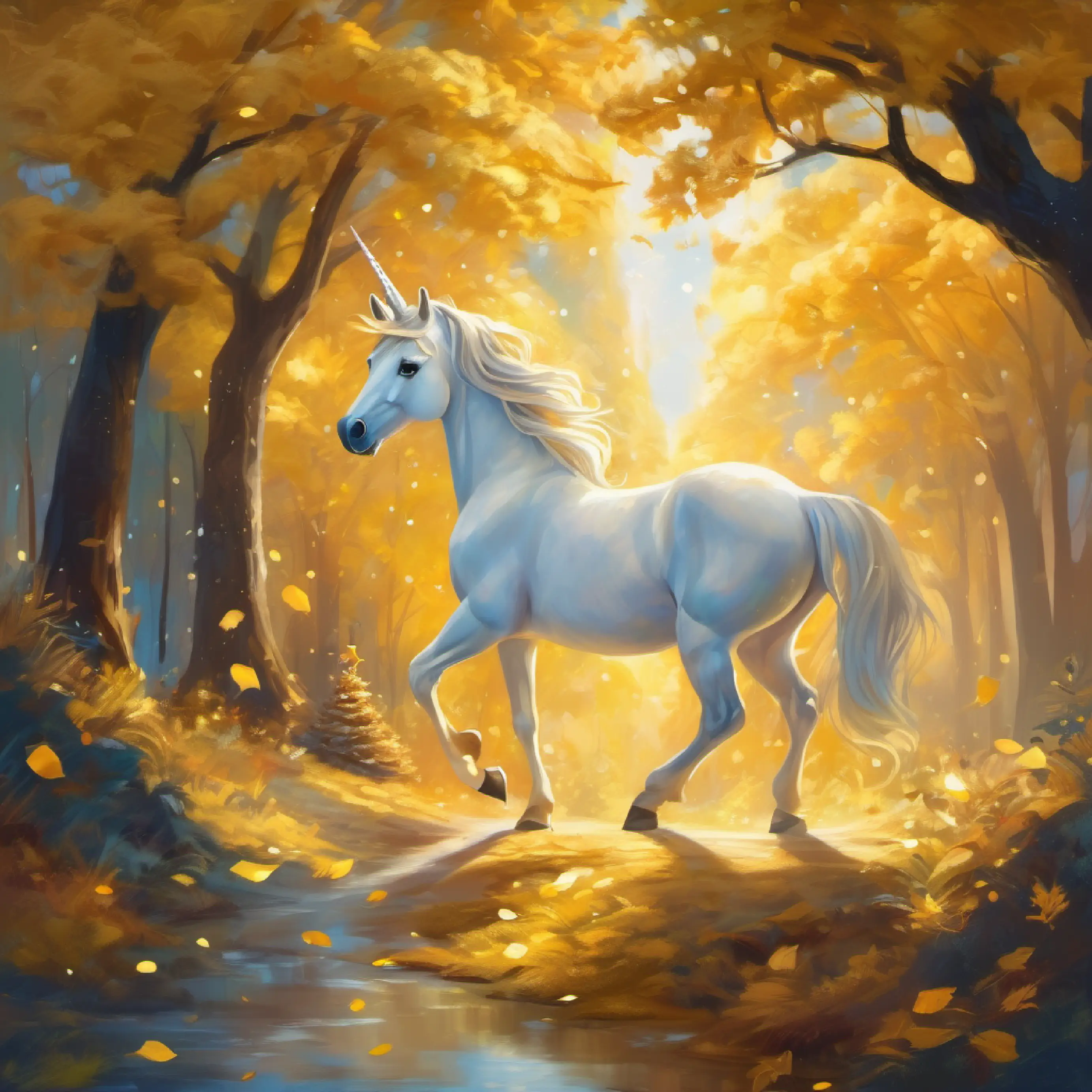 Young unicorn, golden hoof, stardust trail, eyes reflecting bravery is self-conscious about her difference and isolates herself.