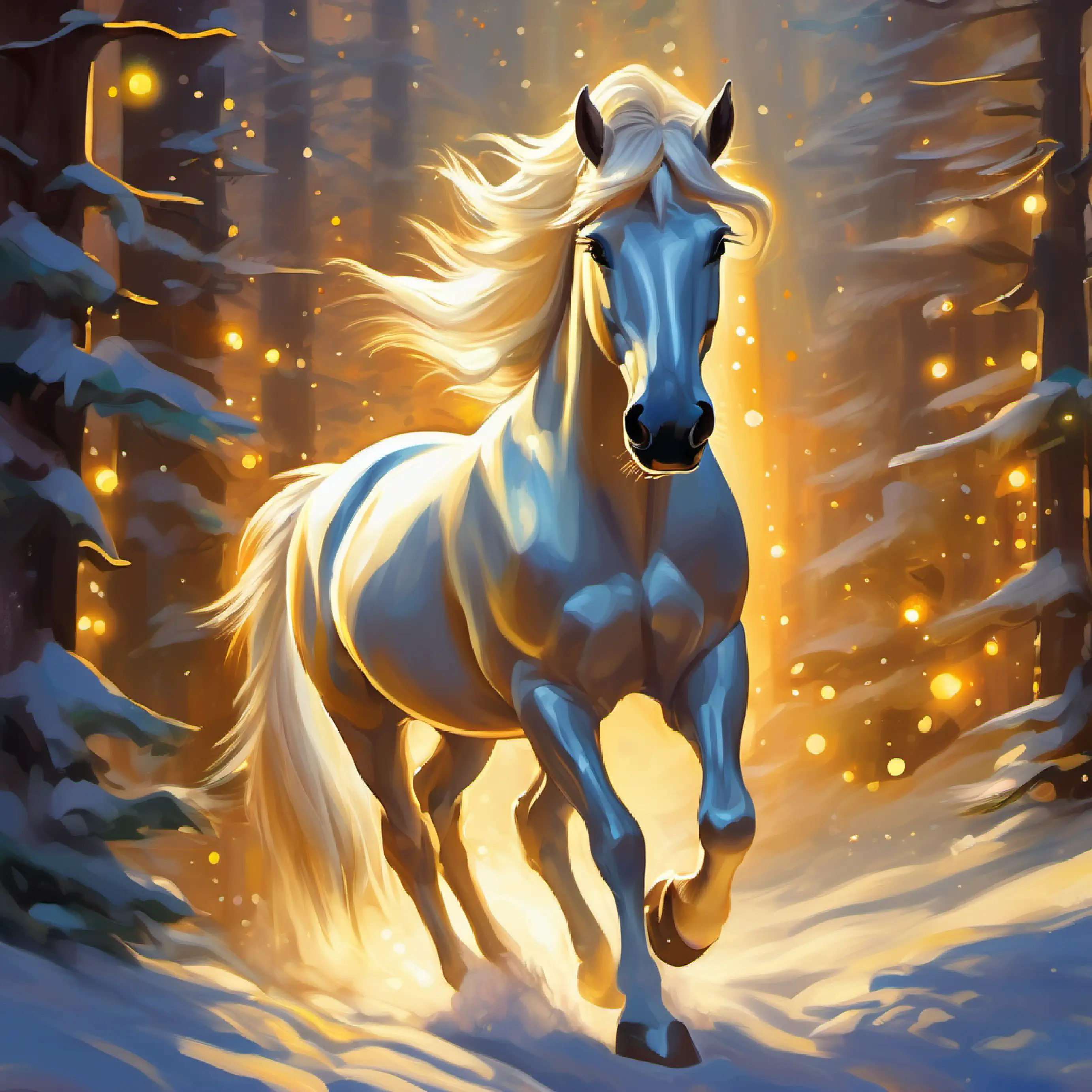 Young unicorn, golden hoof, stardust trail, eyes reflecting bravery's hoof light guides the animals to safety, showcasing her bravery.